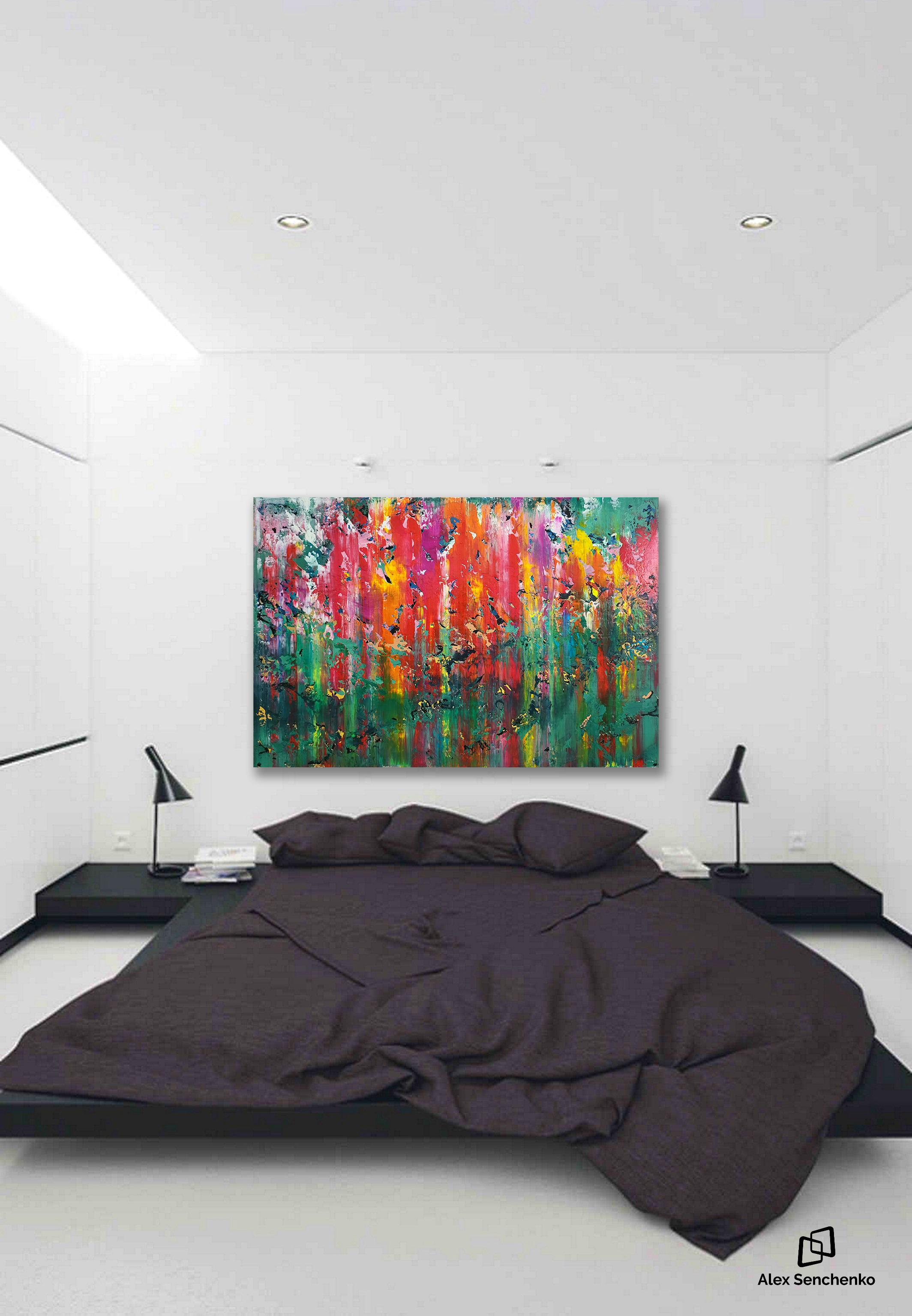 In questo pezzo in acrilico ho scatenato una sinfonia di emozioni attraverso colori vibranti e a cascata. La miscela di elementi astratti, espressionisti e pop art invita gli spettatori a entrare in un mondo strutturato che bilancia il caos con