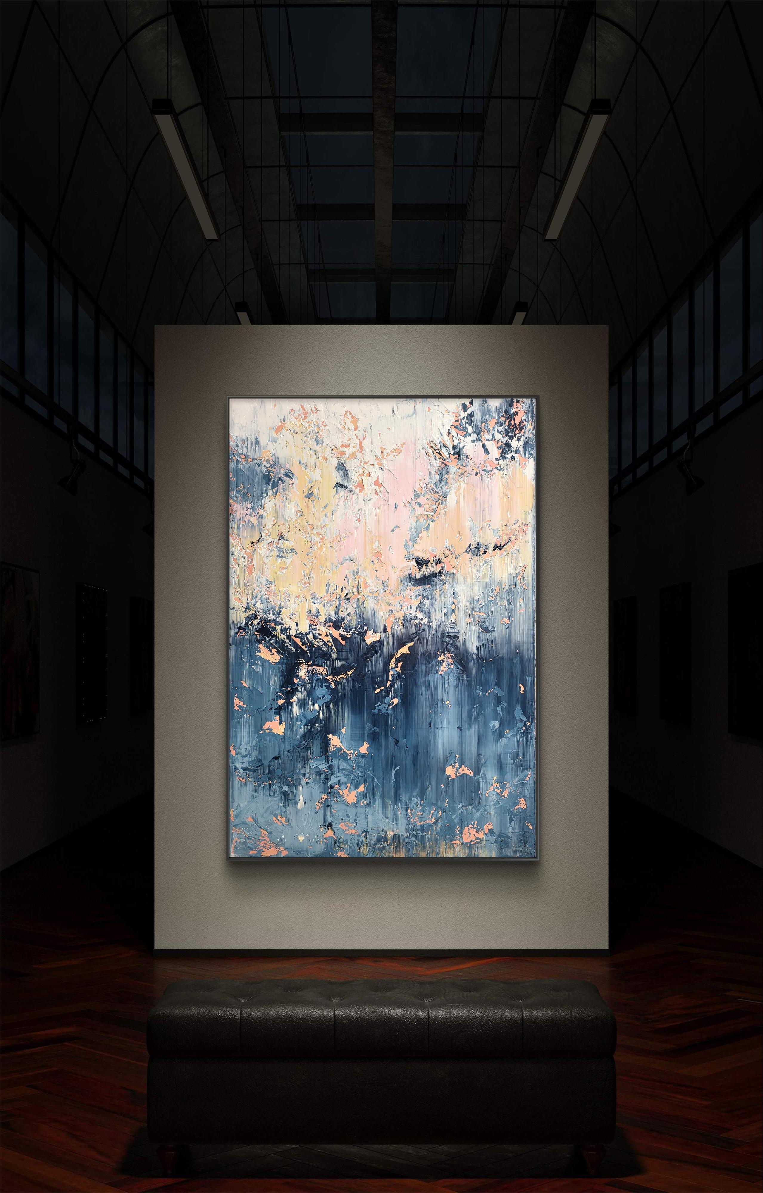 Nel creare questo pezzo, mi sono immerso nell'essenza delle emozioni di transizione. Il vibrante contrasto tra arancioni pallidi e blu profondi ritrae un'alba infuocata che irrompe in una notte tranquilla e cupa. I miei tratti, guidati