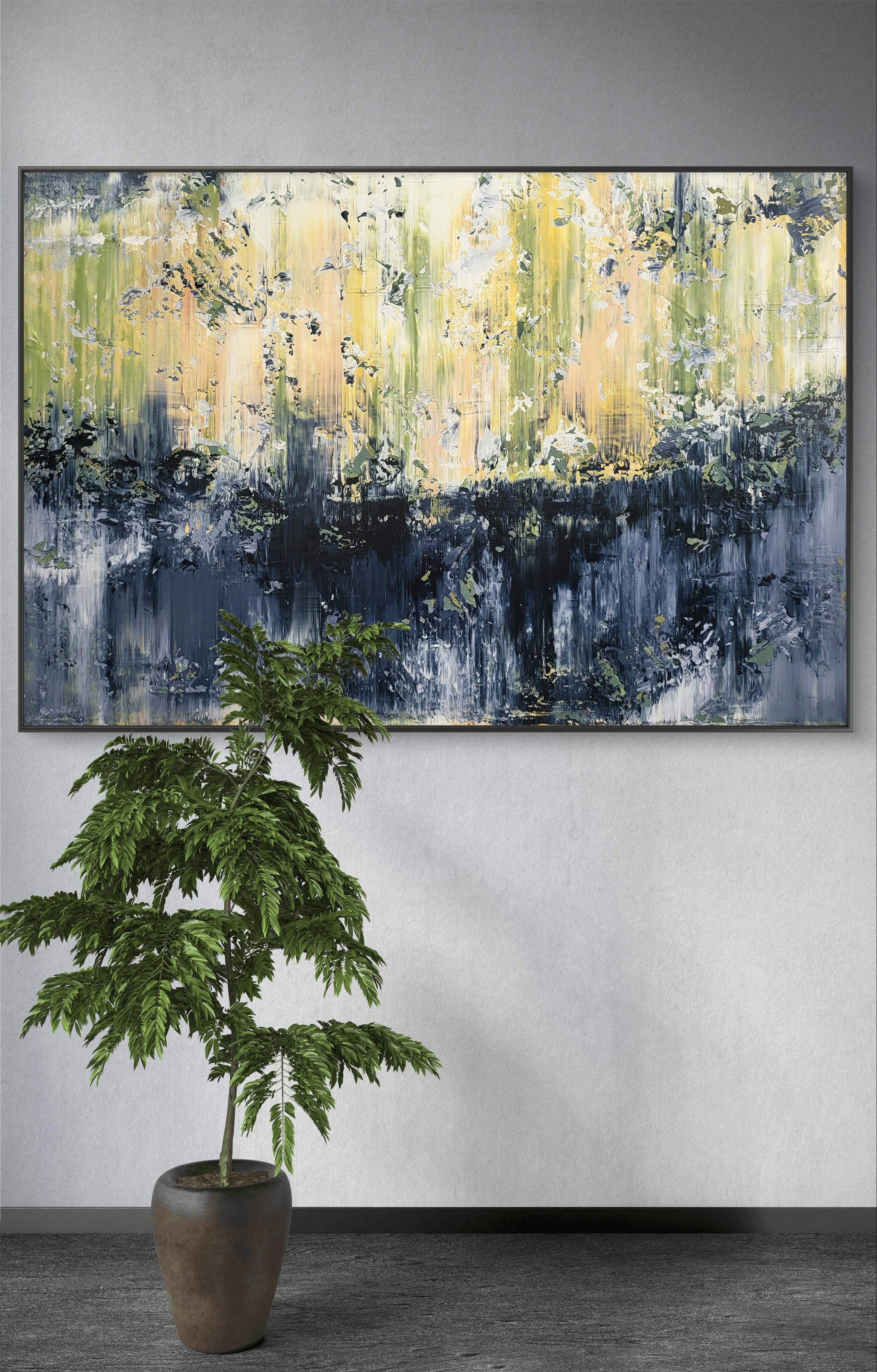 En créant cette pièce, j'ai exploité le chaos vibrant et la sérénité des contrastes propres à la nature. L'utilisation de l'acrylique m'a permis de superposer des couches et des textures, enveloppant la toile dans une danse d'ombres et de lumière.
