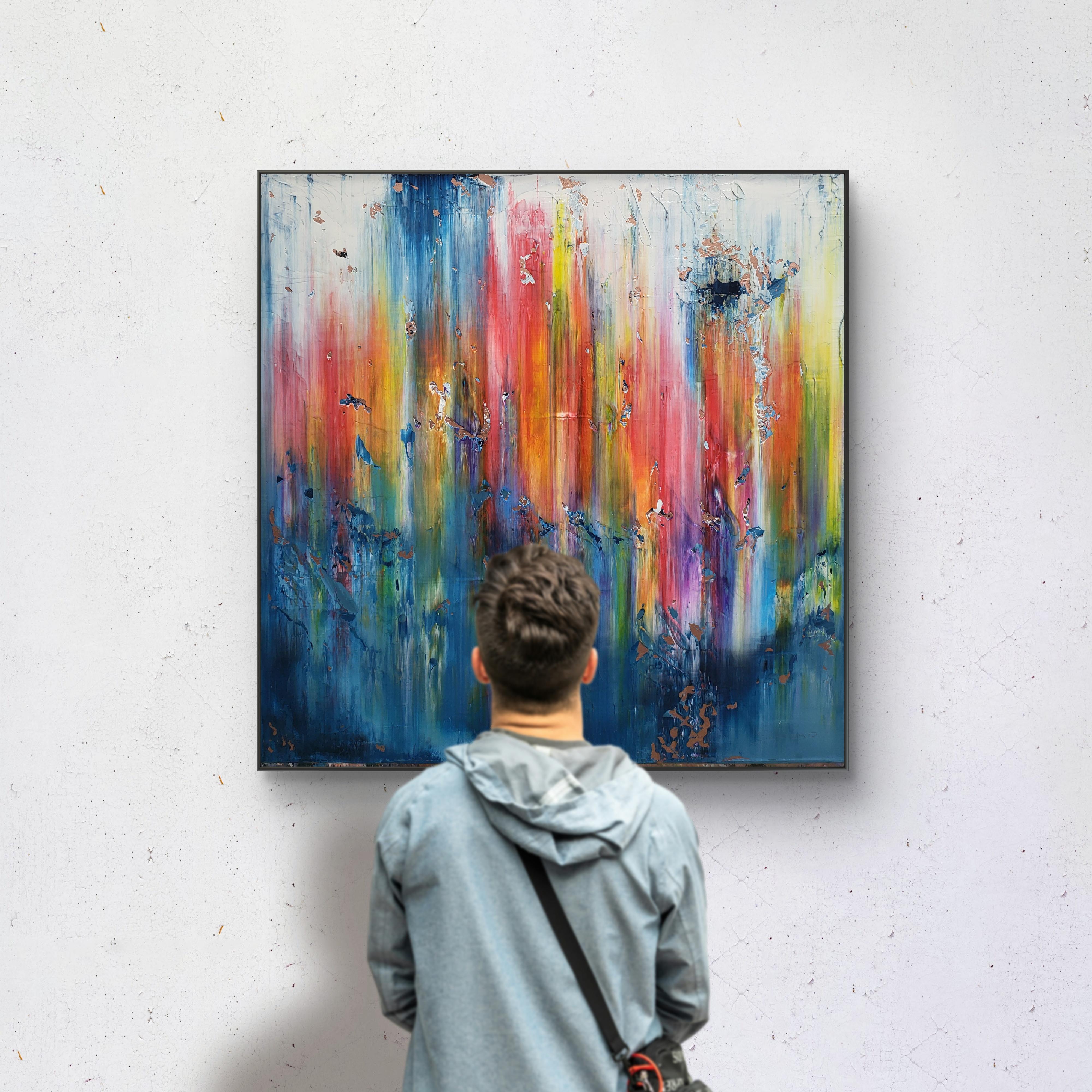Quest'opera d'arte è uno splendido esempio di espressionismo astratto, che trascende i confini convenzionali per creare una vivida sinfonia di colori e texture. Le imponenti strisce verticali di colori vivaci - rosso, giallo, arancione, rosa e blu -