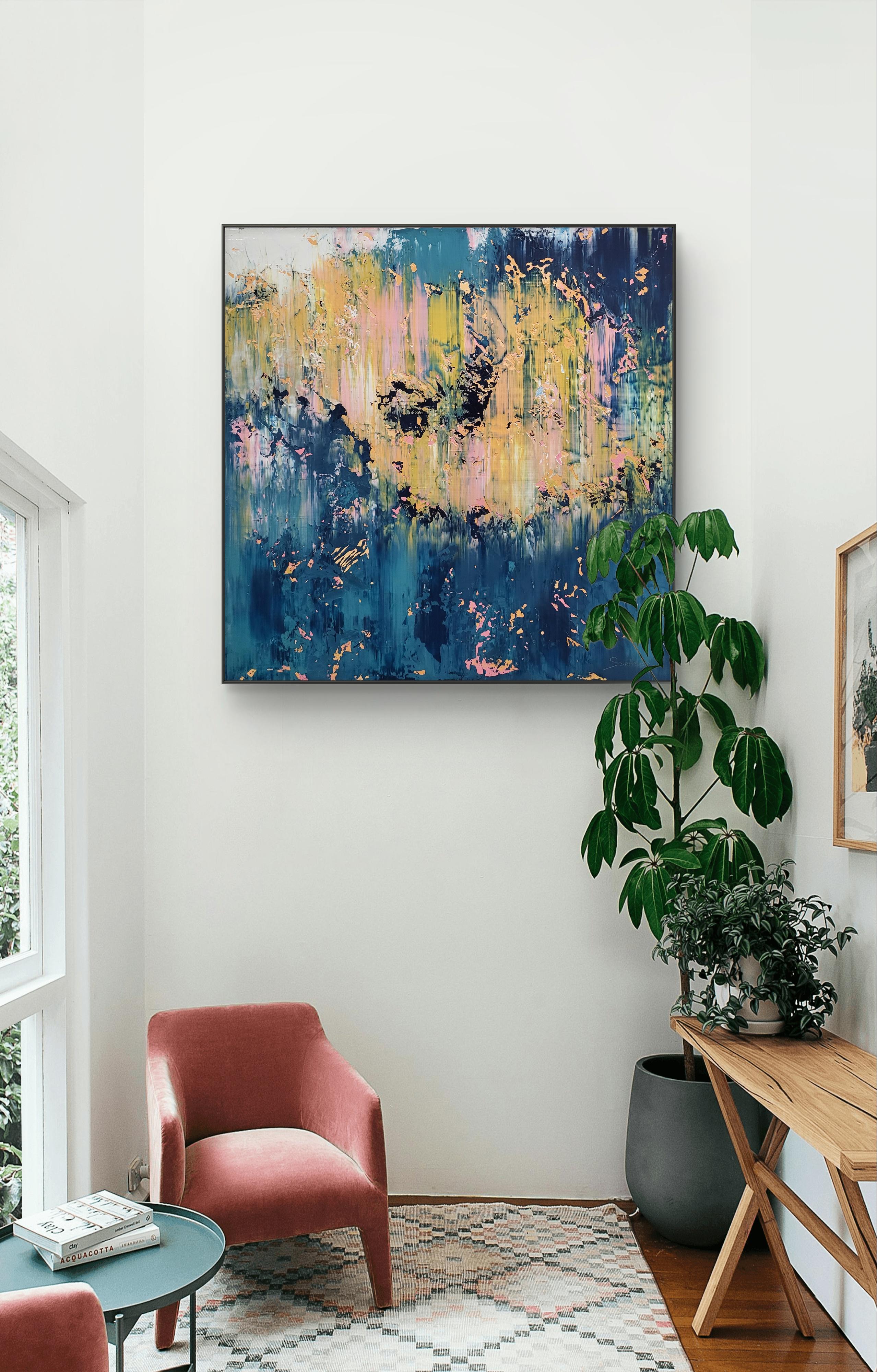 In dieser lebhaften Kreation habe ich Acrylfarben übereinandergelegt, um ein Gefühl von dynamischer Bewegung und emotionaler Tiefe zu erzeugen. Die kühnen Streifen und zarten Tropfen stehen für den ewigen Tanz zwischen Chaos und Ruhe. Meine Absicht