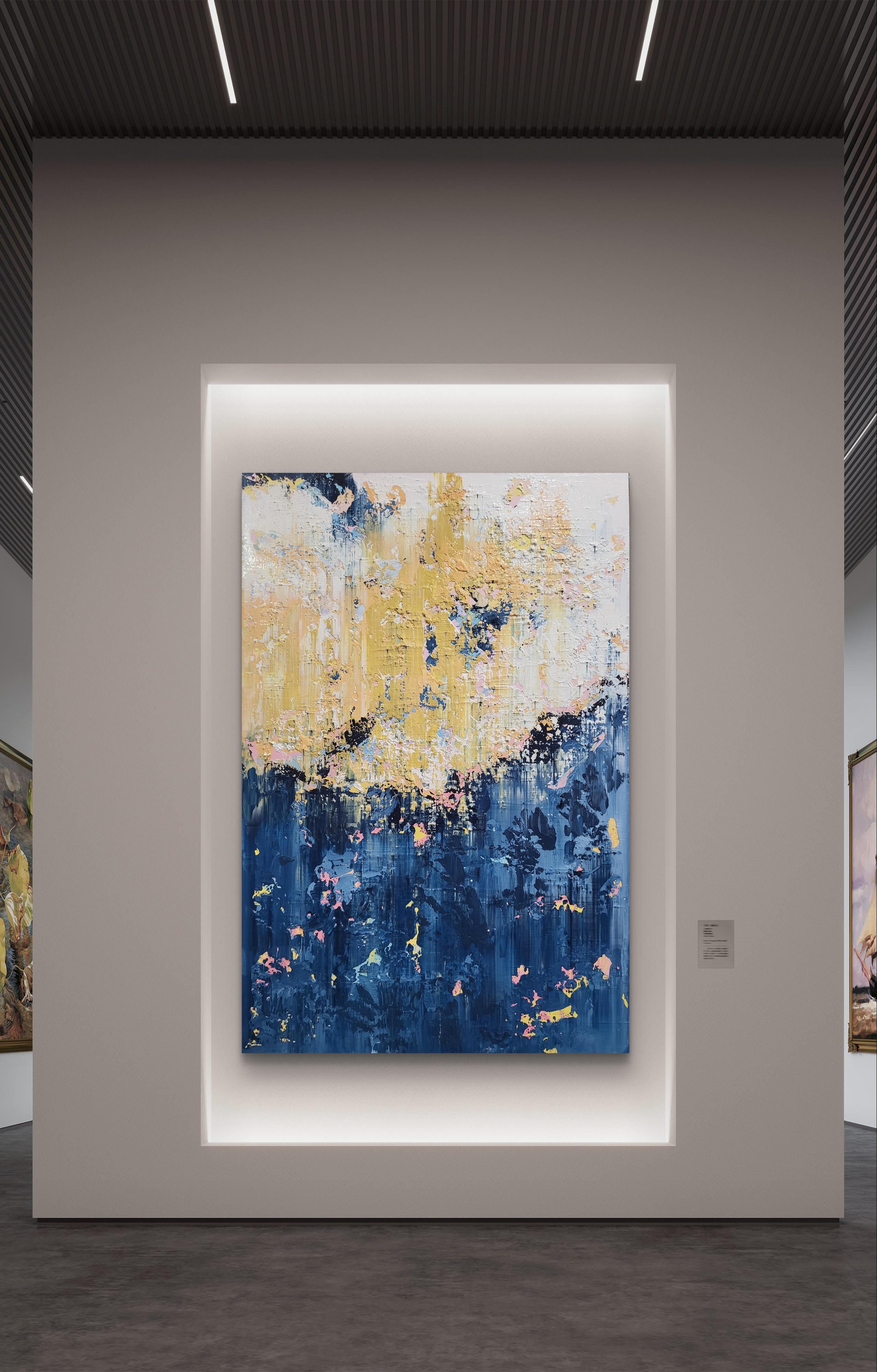 Dieses Werk ist ein lebendiger Tanz der Emotionen, der den ungezähmten Geist des Expressionismus mit der spielerischen Kante der Pop-Art verbindet. In diesem Gemälde habe ich Acrylfarben übereinander geschichtet, um eine Kaskade kontrastreicher