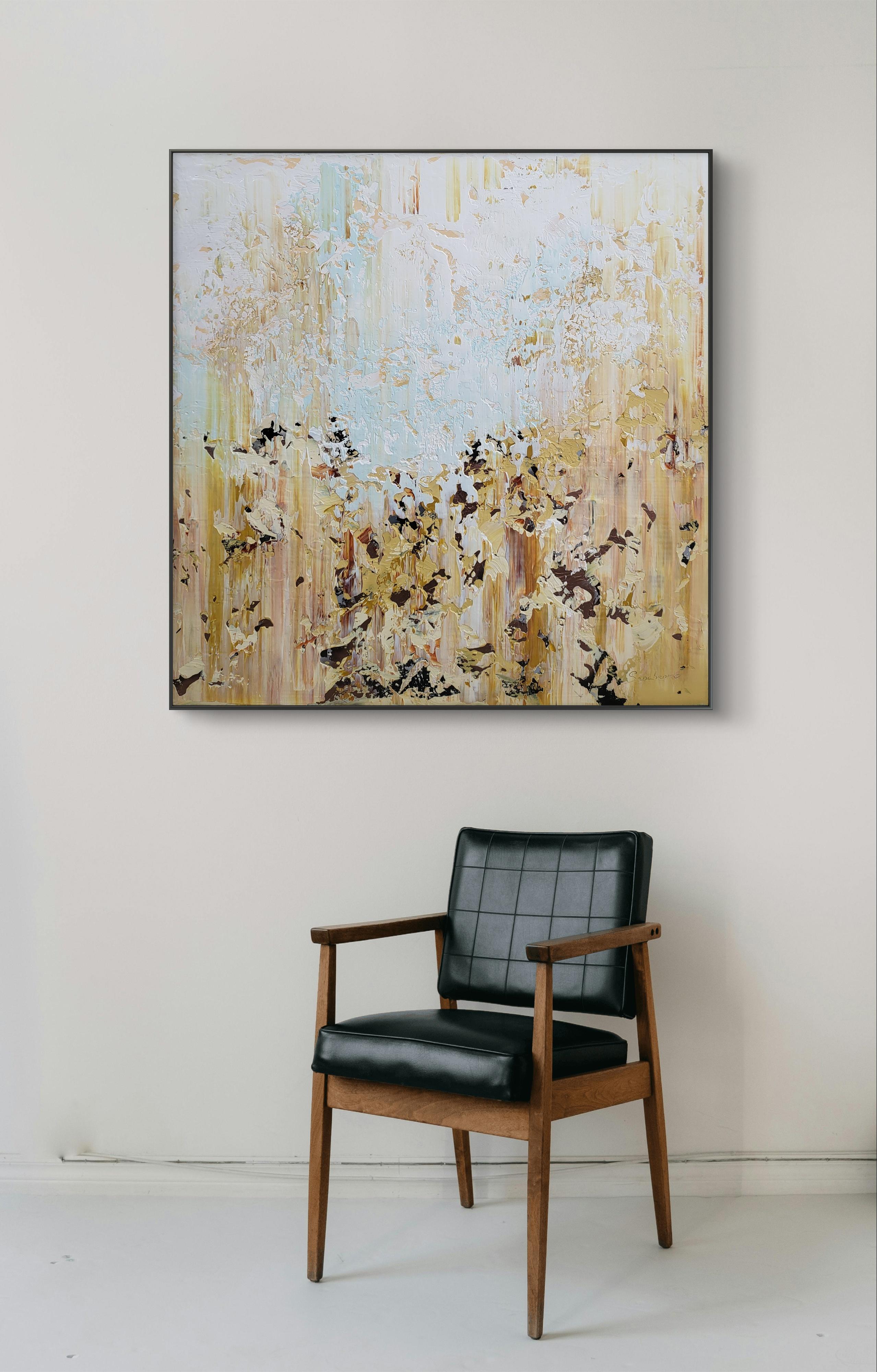 In this piece, I explored the visceral nature of emotions, using thick acrylic layers to capture the tumultuous interplay of serenity and chaos. Neutral gold and cream tones cascade downwards, mingled with dark, punctuating specks that suggest a