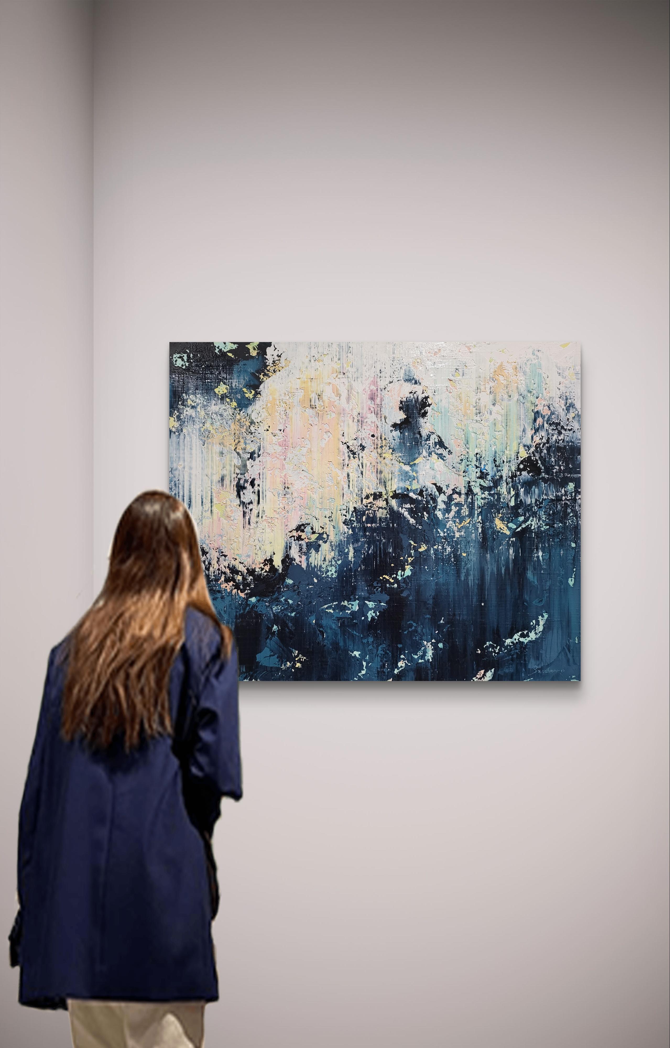 Dans cette peinture, j'ai mis toute mon âme dans le jeu dynamique des couleurs et des textures, inspiré par les profondeurs et les mystères de l'océan. En contemplant ces bleus profonds et ces blancs éclatants, vous ressentirez une vague de