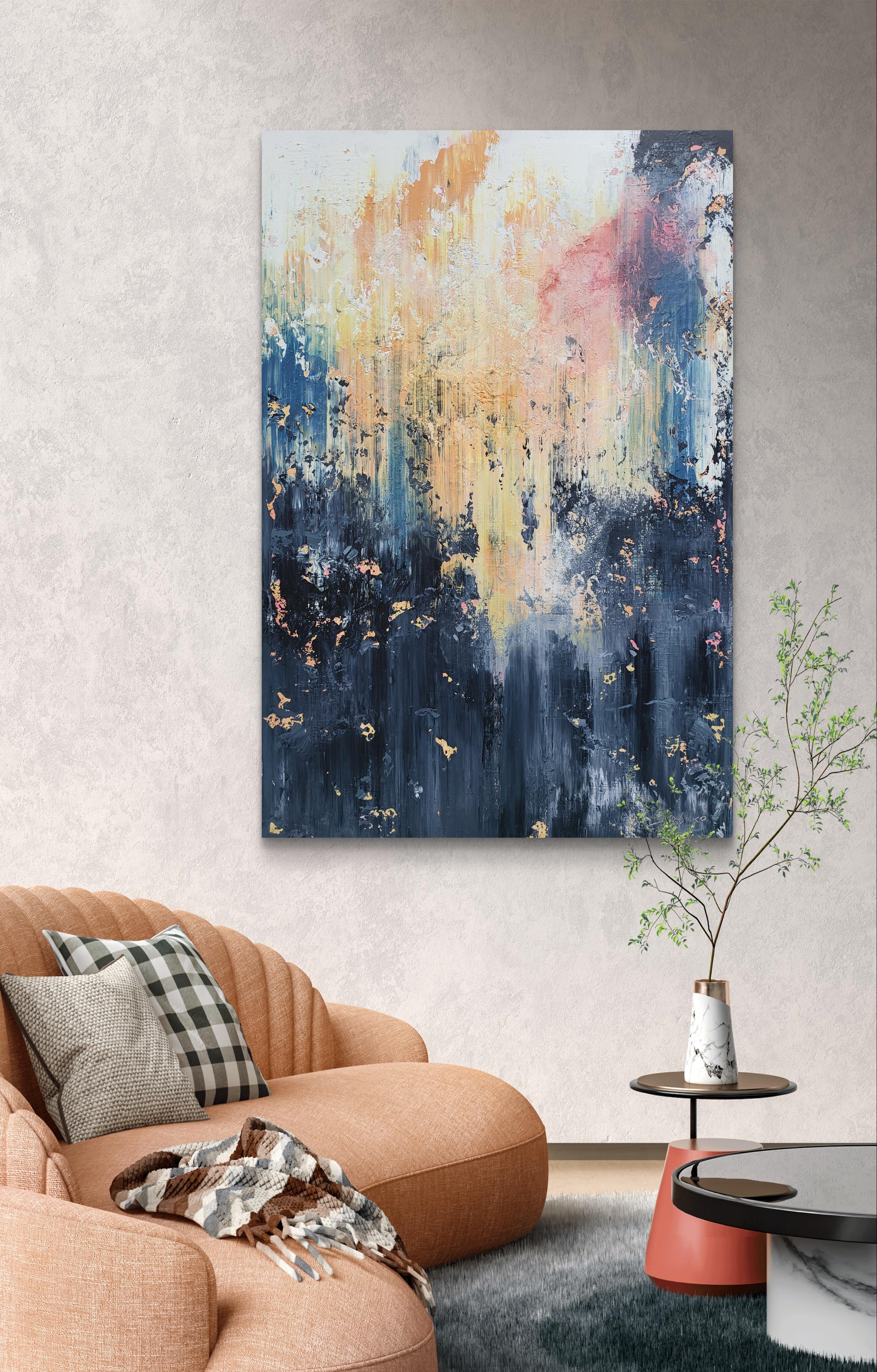 In diesem Gemälde bringe ich mit meinen Pinselstrichen einen Tanz aus Chaos und Heiterkeit auf die Leinwand, indem ich dunkle, grüblerische Töne mit Ausbrüchen von Licht und Farbe vermische. Bei der Schichtung der Acrylfarben lasse ich sowohl