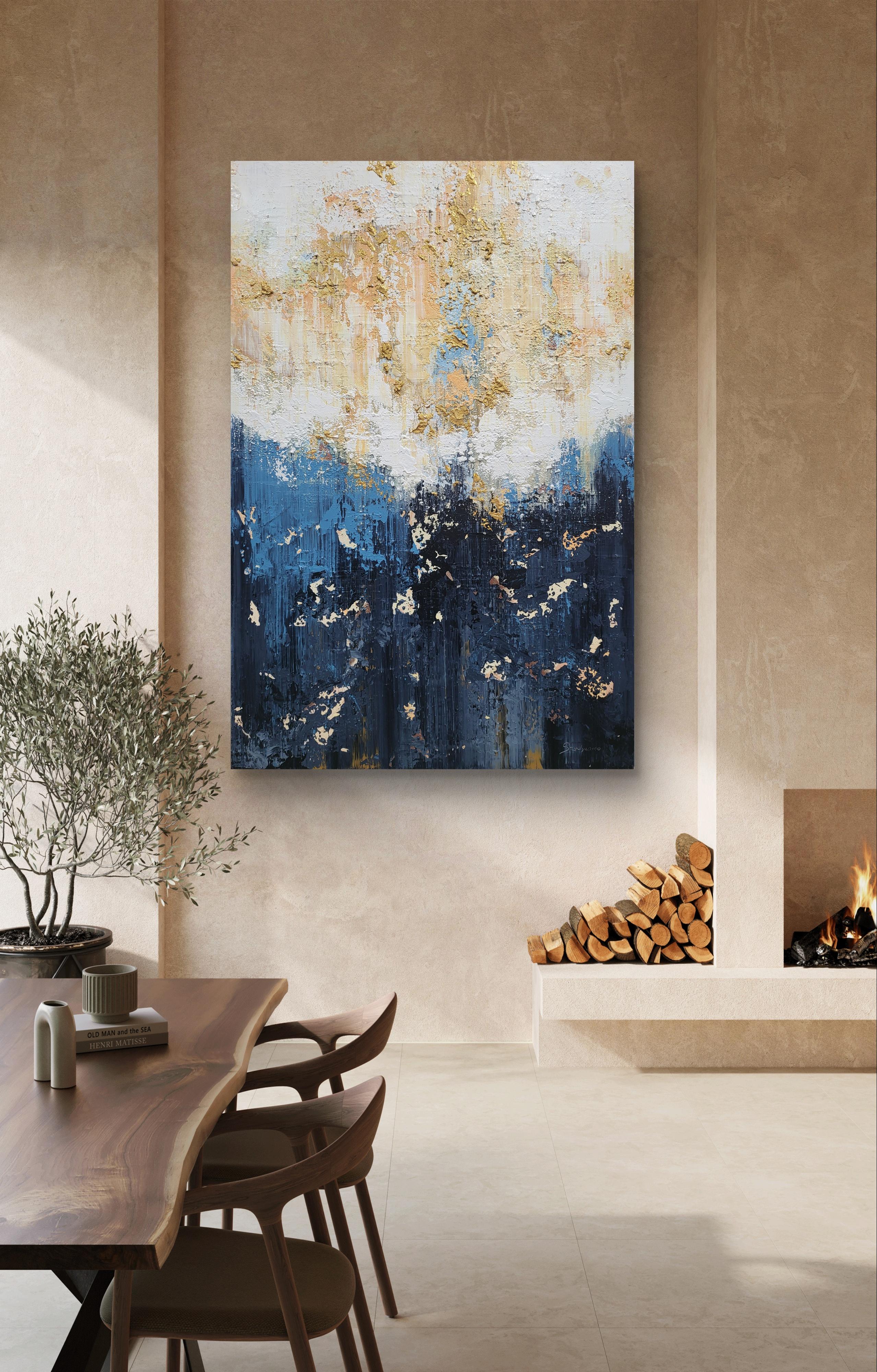 This piece embodies the clash and blend of chaos and serenity, expressed through my abstract strokes in acrylic. As I painted, I felt driven by the raw emotions of conflict and peace, channeling this duality onto the canvas. The golden flecks amidst