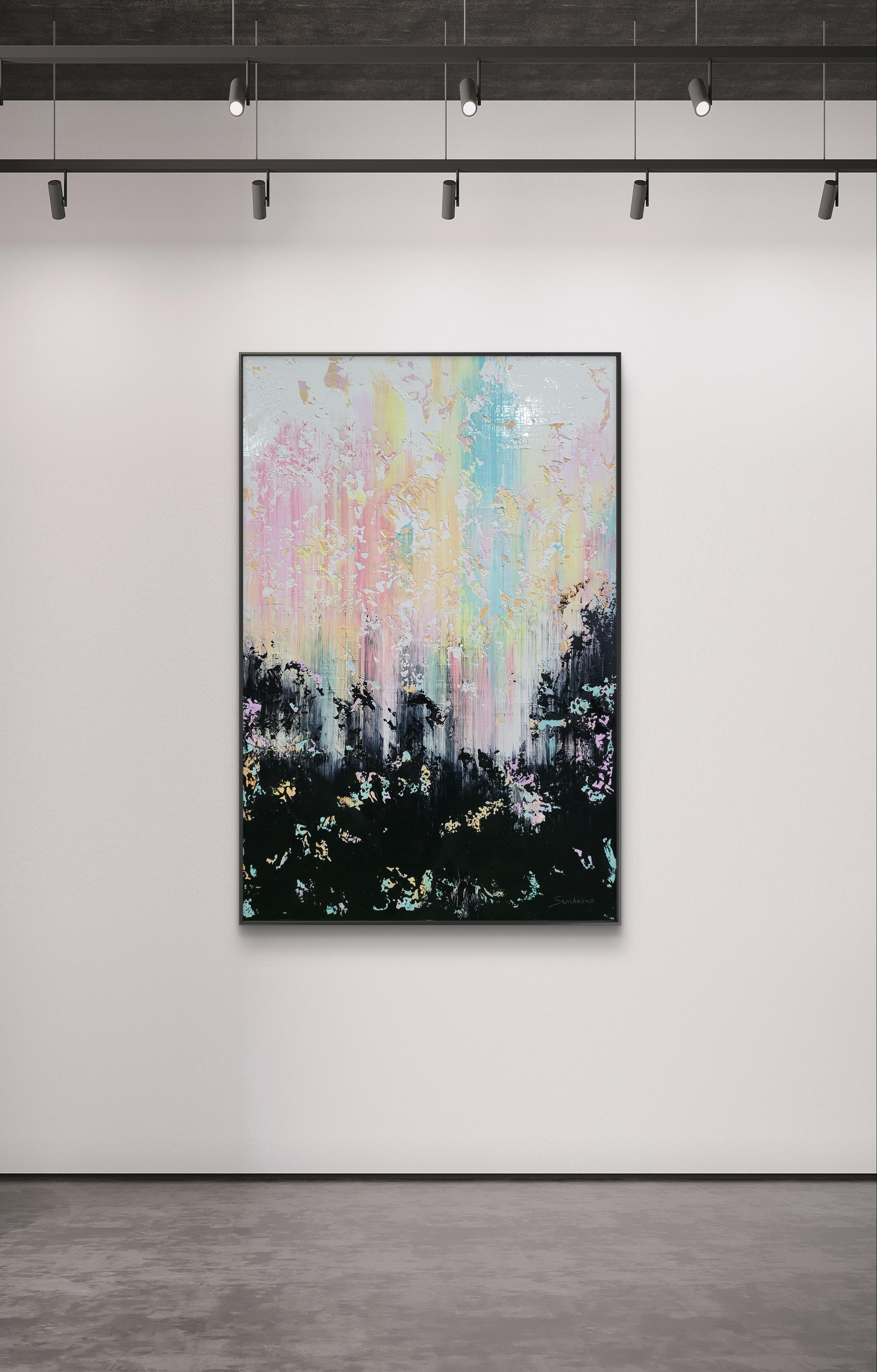 In diesem Kunstwerk habe ich mich dem Fluss meiner Emotionen hingegeben und zugelassen, dass lebendige, kaskadenartige Acrylformen den inneren Dialogen eine Stimme geben. Hier wechseln die Farbtöne subtil und doch kraftvoll, mischen sich Momente der