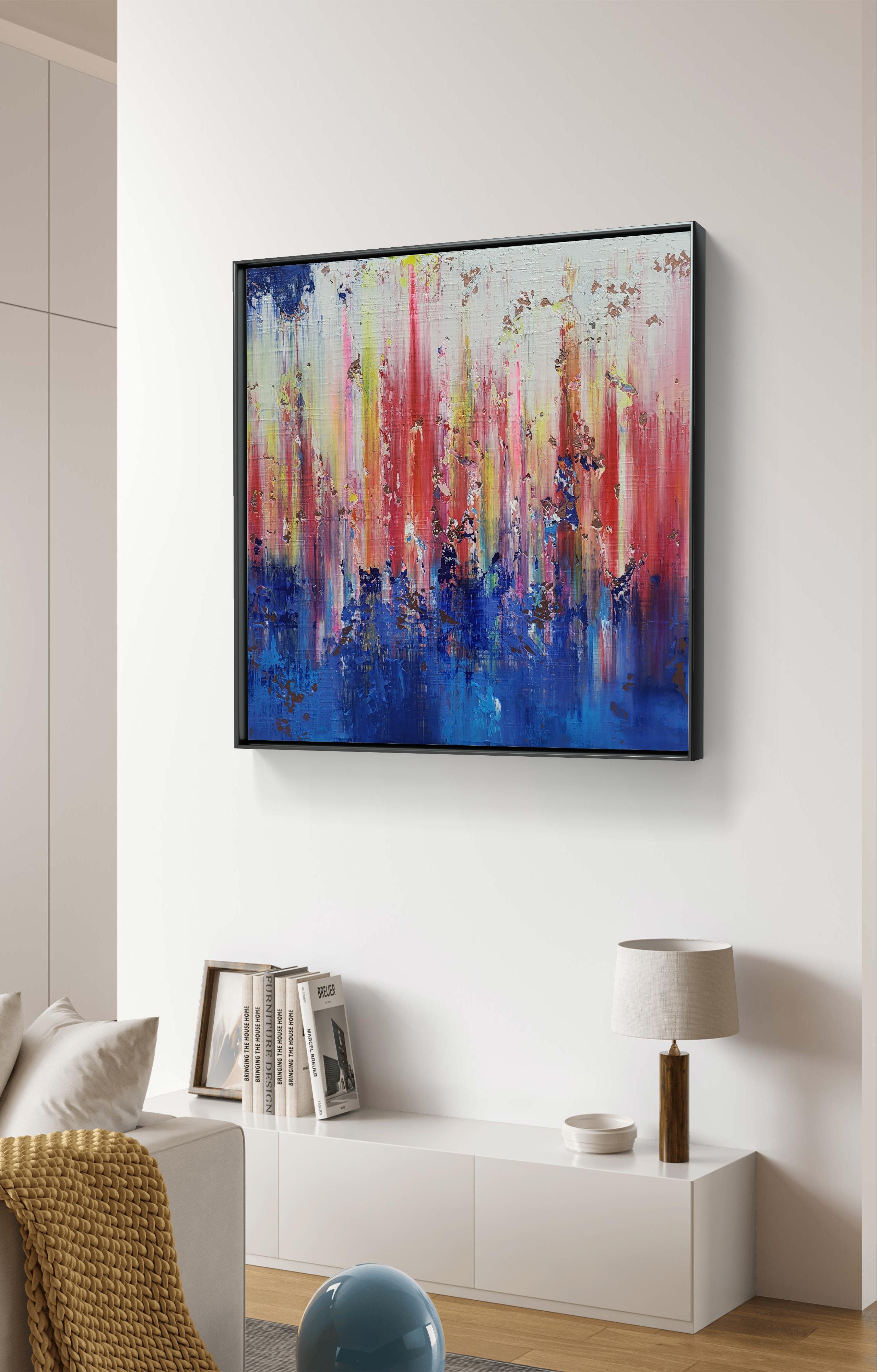 Bei der Erstellung dieses Werks habe ich eine Kaskade von Emotionen durch lebhafte Acrylpinselstriche entfesselt und abstrakte mit Pop-Art vermischt, um sowohl Chaos als auch Ruhe einzufangen. Die leuchtenden Blautöne, feurigen Rottöne und