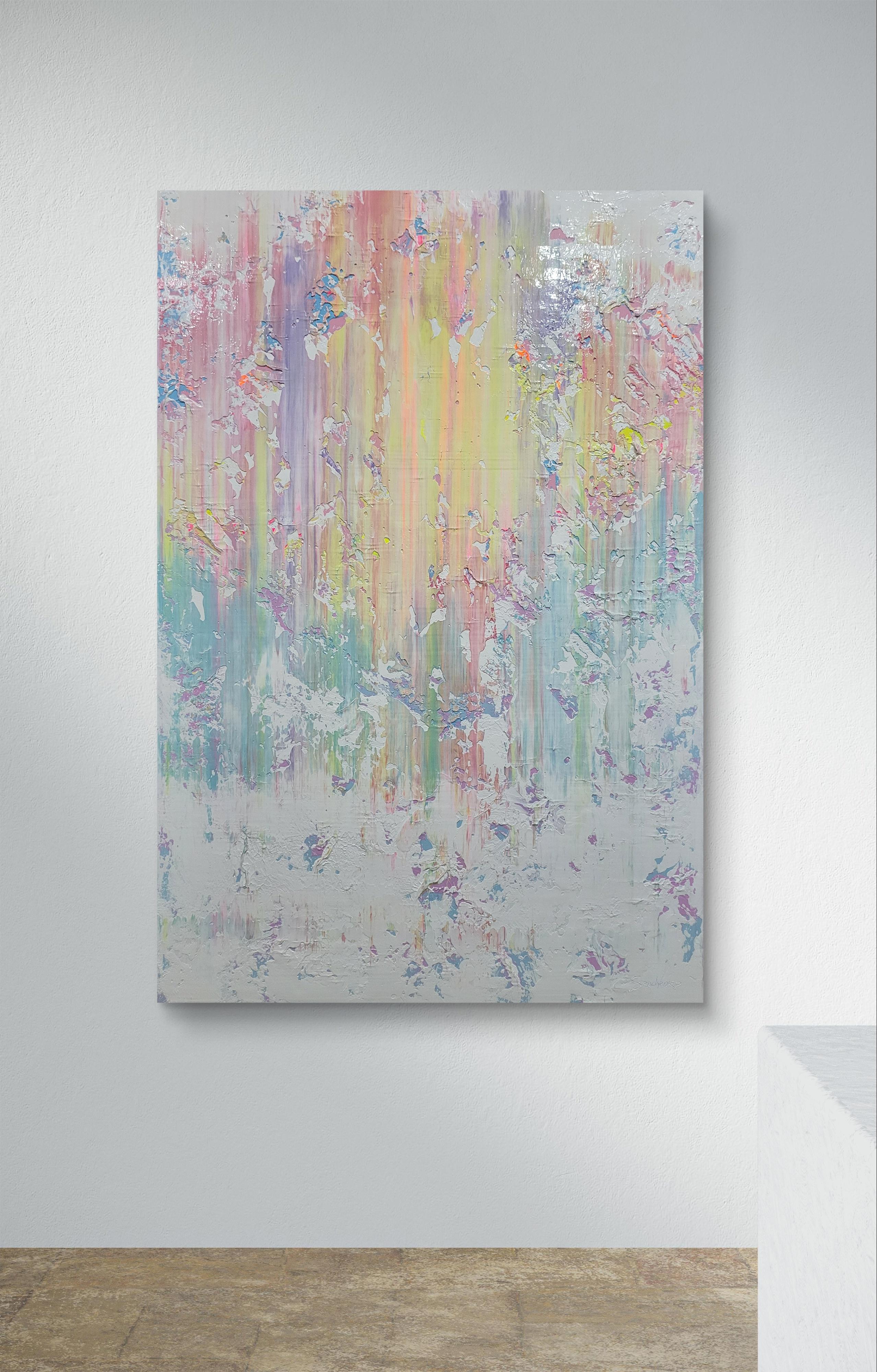 Bei der Schaffung dieses Werks hat mich ein tiefes Gefühl und die Schönheit der Spontaneität angetrieben. Mit kaskadenartigen Acrylschichten kanalisierte ich Gefühle der Erneuerung und des heiteren Chaos in jeden Strich. Die Verschmelzung von