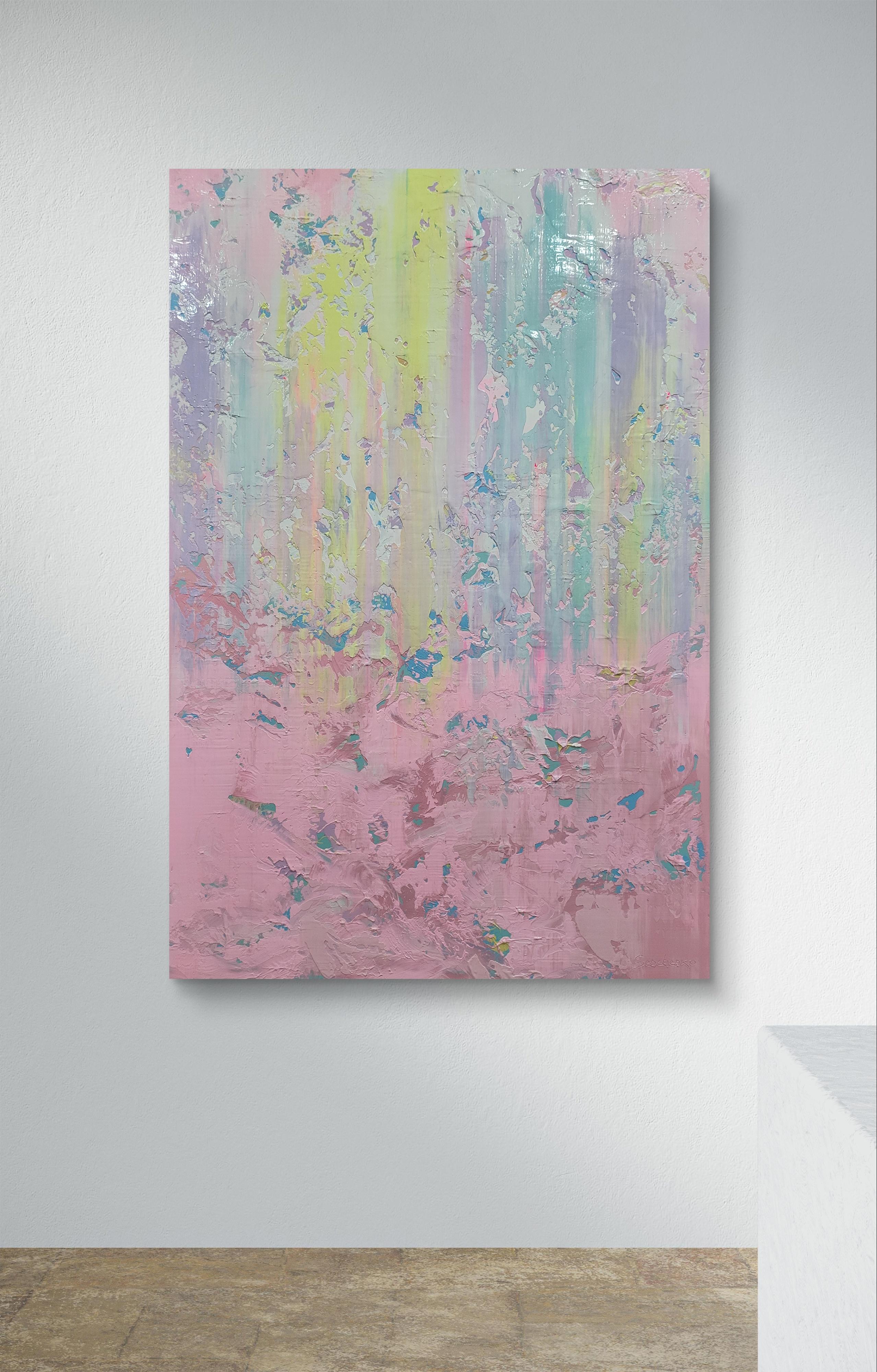 In questo pezzo, ho riversato il mio fascino per la bellezza transitoria dell'alba in ogni tratto. Utilizzando gli acrilici, ho stratificato rosa tenui con spruzzi vivaci di toni freddi, evocando quel momento fugace in cui la notte si addolcisce e