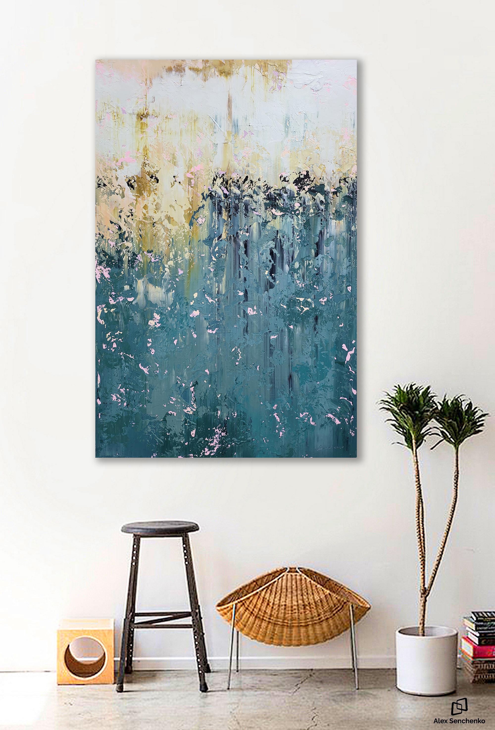 In this piece, I meld the raw emotions of expressionism with the fluid ambiguity of abstraction. The cascades of cool blues and greens contrast with warm golden hues, capturing a moment of both turmoil and tranquility. It's an exploration of the