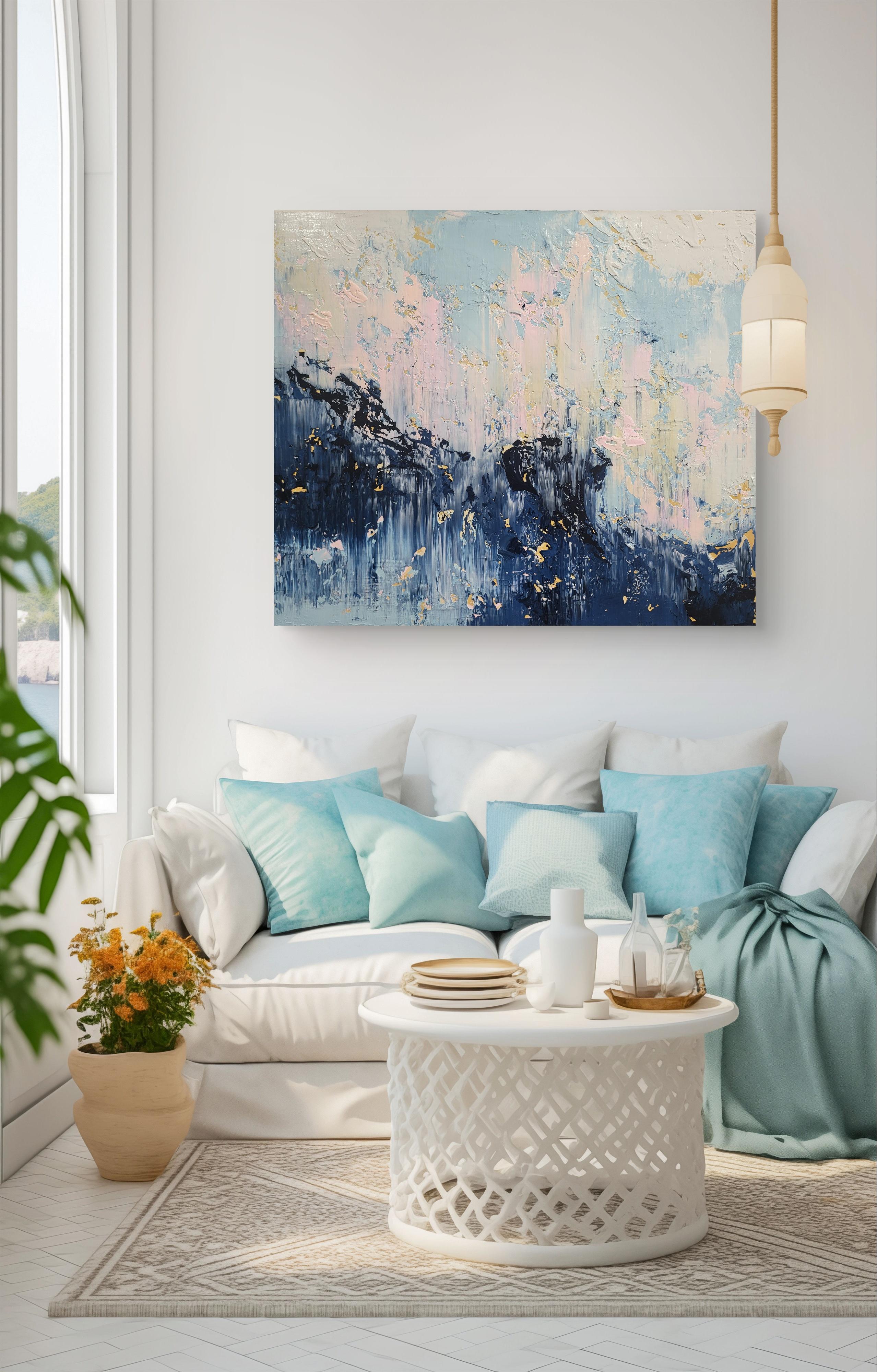 In creating this piece, I delved into the raw emotions of rebirth and transformation. The blend of cool blues and spirited pink streaks across a tumultuous yet harmonious canvas symbolizes life's ebb and flow. Through my use of acrylics, I sought to