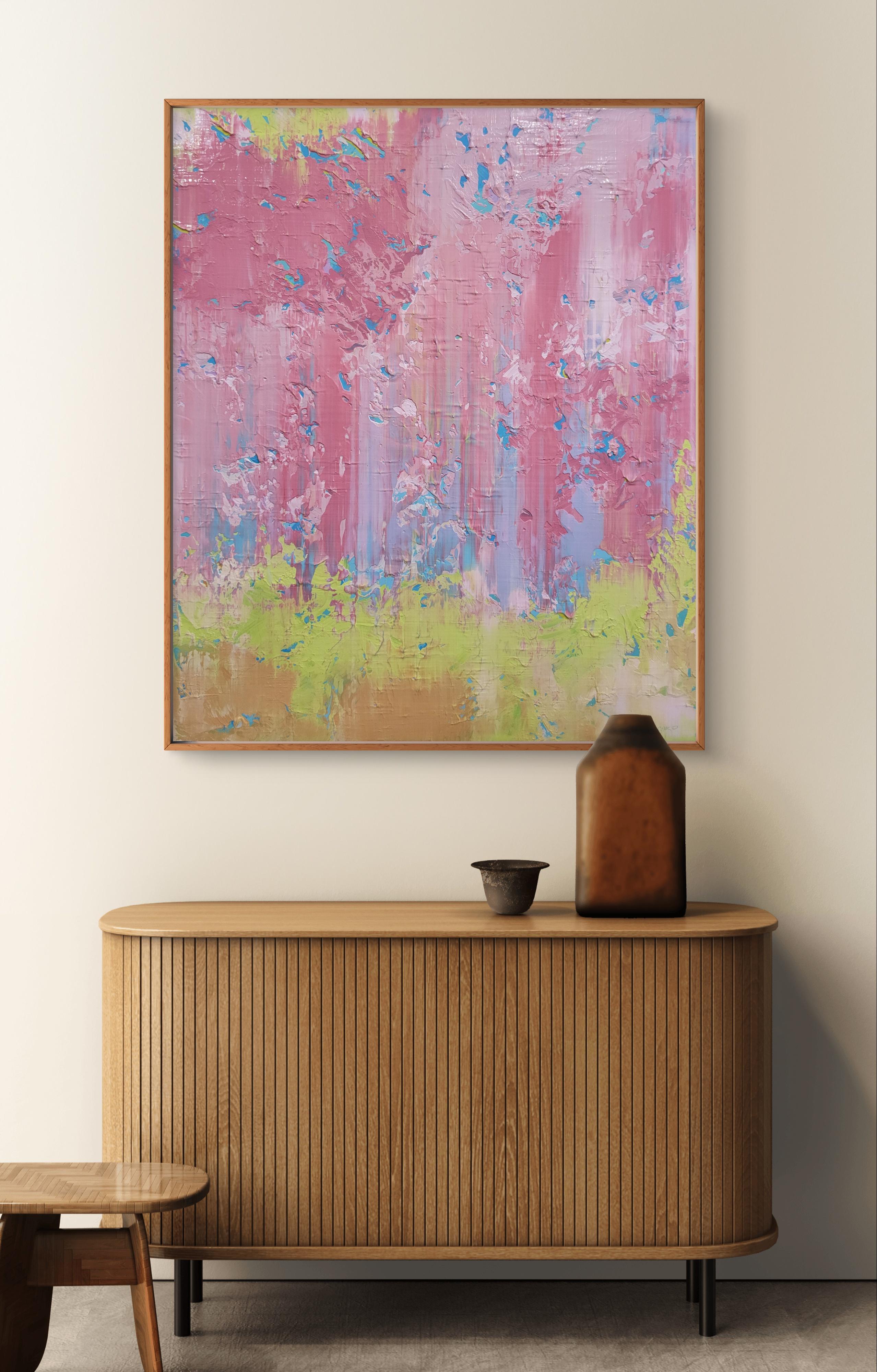 Bei der Schaffung dieses Werks habe ich mich auf die Freiheit und den Fluss eingelassen, die abstrakte Kunst ermöglicht. Ich habe Acrylfarben verwendet, um leuchtende rosa, blaue und erdige Farbtöne übereinander zu legen und so eine strukturierte,