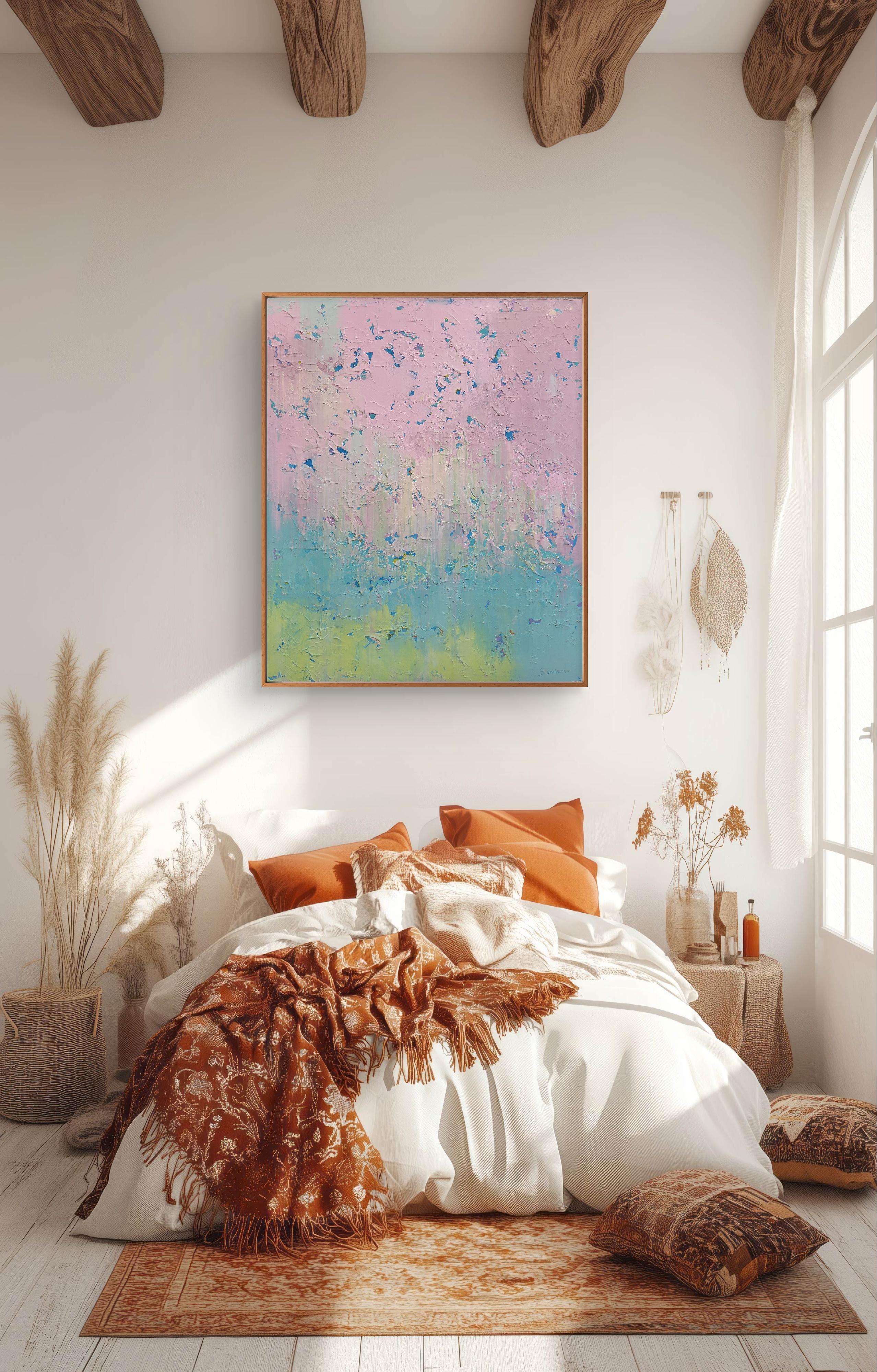 In this piece, I've explored the sensory journey of dawn using acrylics. Through an abstract and somewhat expressionistic approach, I've layered pinks and greens to evoke a fresh, soothing morning sky, interjected with excited flecks of blue that
