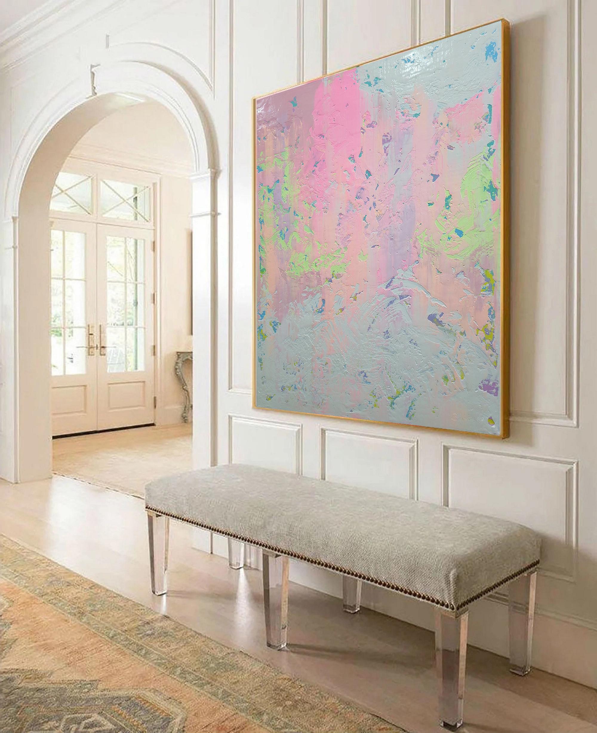 In creating this painting, I dove into a whirlwind of emotions, channeling pure joy and serenity through the playful dance of pastel pinks and soft whites, punctuated with bursts of vibrant green and blue. These colors merge and mingle in an