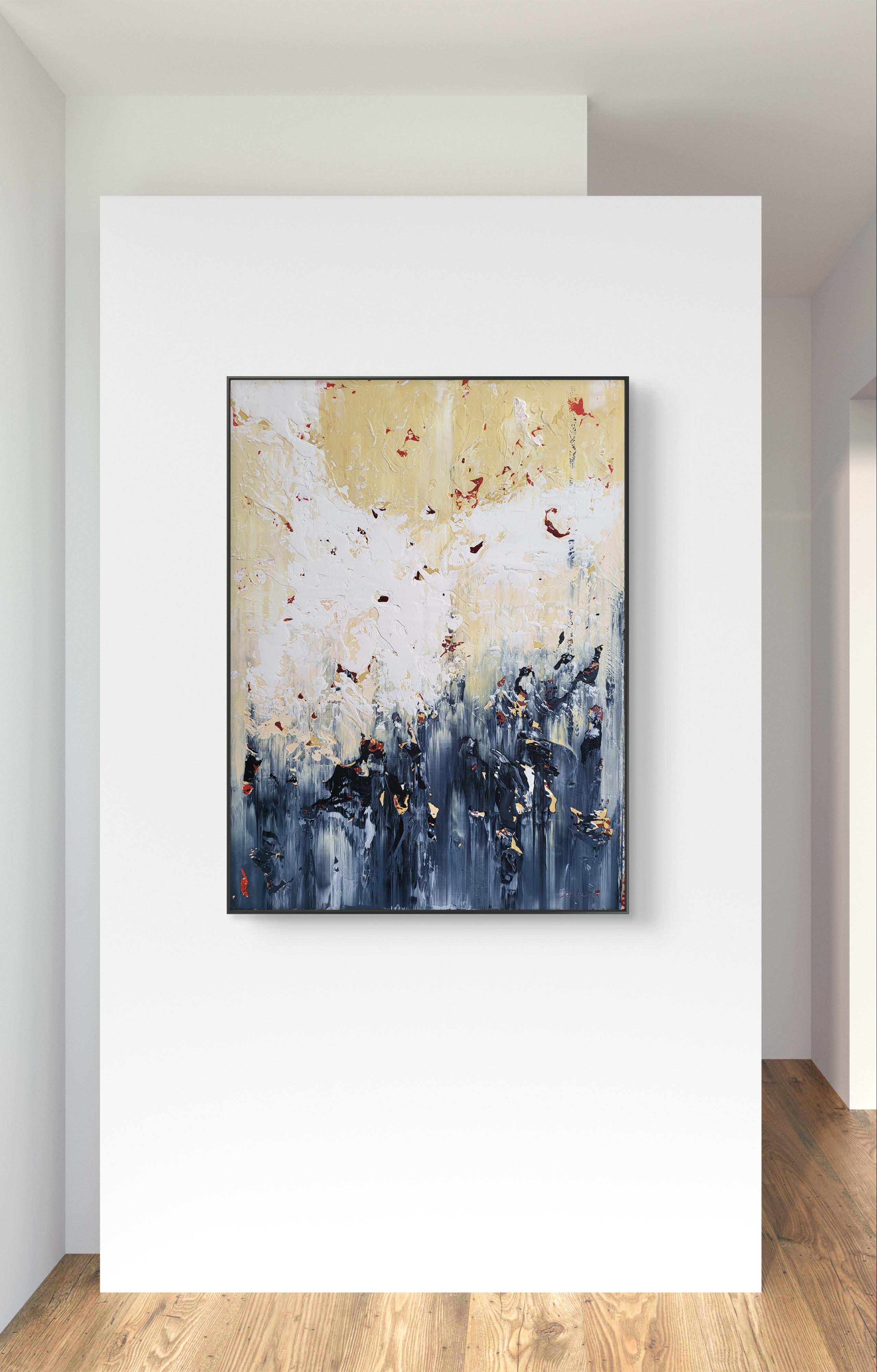 En créant cette œuvre, j'ai canalisé une tempête tourbillonnante d'émotions, en utilisant d'épaisses touches d'acrylique pour incarner un jeu dynamique de chaos et de sérénité. Les éclats vibrants de cramoisi et d'or sur un fond tumultueux de gris
