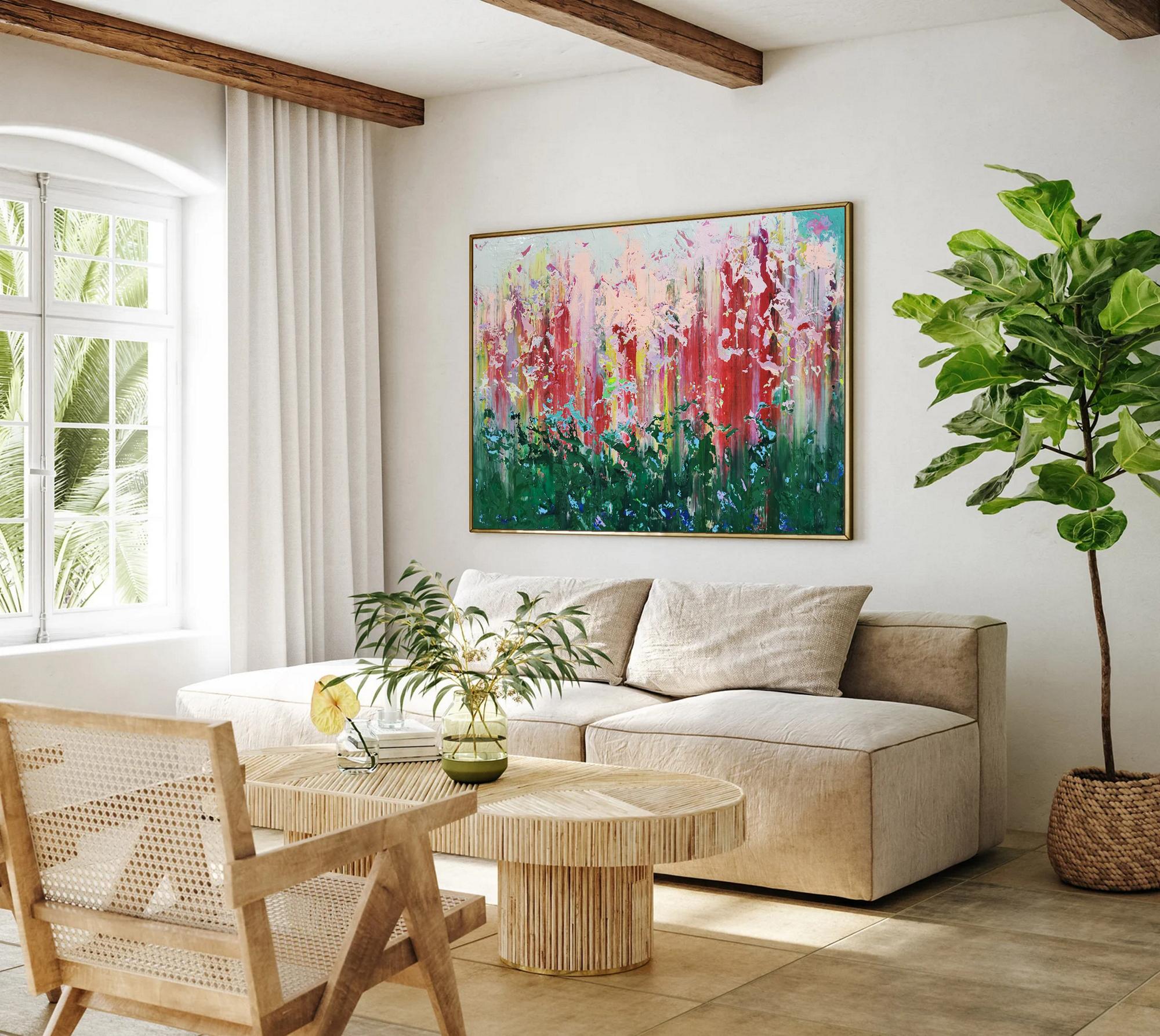 Al elaborar este cuadro, volqué mis emociones en cada pincelada, con el objetivo de captar no sólo una escena, sino una sensación. Esta obra encarna una danza de color y textura que evoca un exuberante y animado jardín despertando al alba. Abstracto