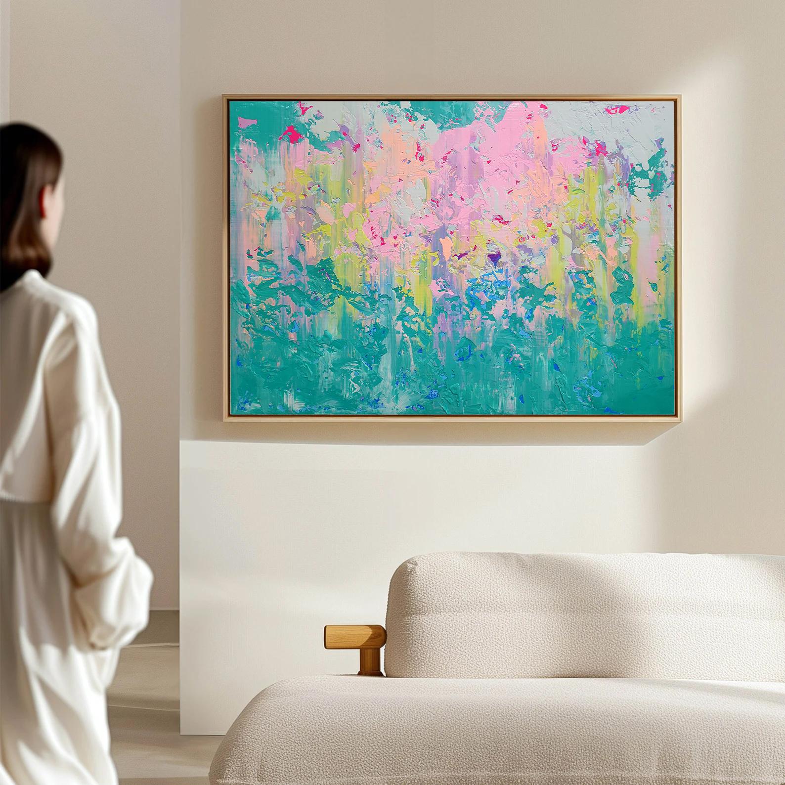 In creating this piece, I submerged myself in the tranquil yet vibrant dance of awakening nature. This acrylic expression uses bold strokes and a palette of spring-inspired hues to evoke a sense of renewal and joy. It's an embodiment of hope and new