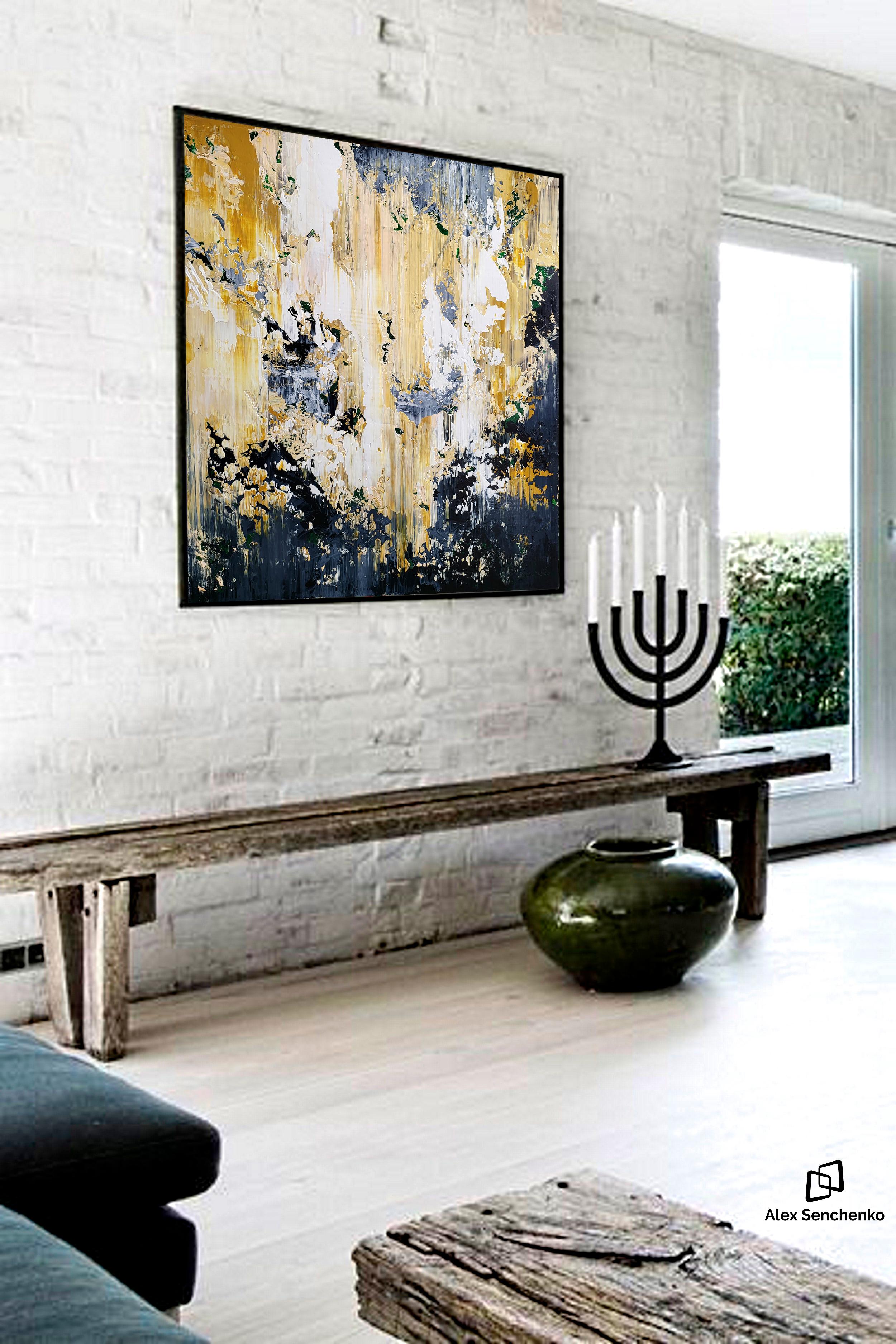 In crafting this piece, I poured my heart into each acrylic stroke, in a dance of abstract and pop art influences. My aim was to contrast chaos with tranquility, using a palette where stark blacks and soothing golds clash and converse. This painting