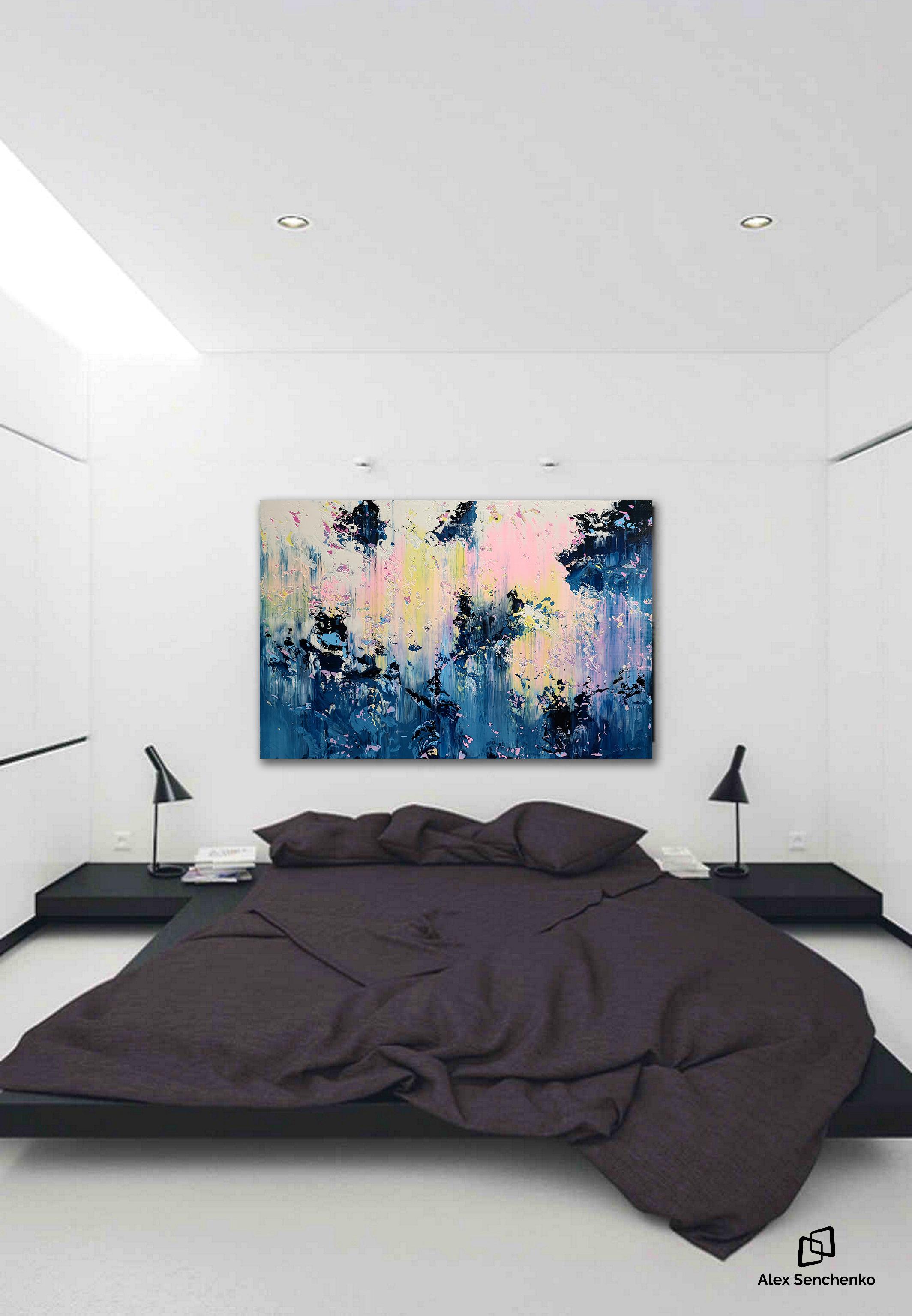 In diesem Werk habe ich meine Emotionen mit kräftigen Acrylstrichen ausgedrückt und das Wechselspiel von Licht und Schatten mit weichen Pastellfarben und tiefen Blautönen eingefangen. Die strukturierten Schichten drücken eine dynamische Spannung