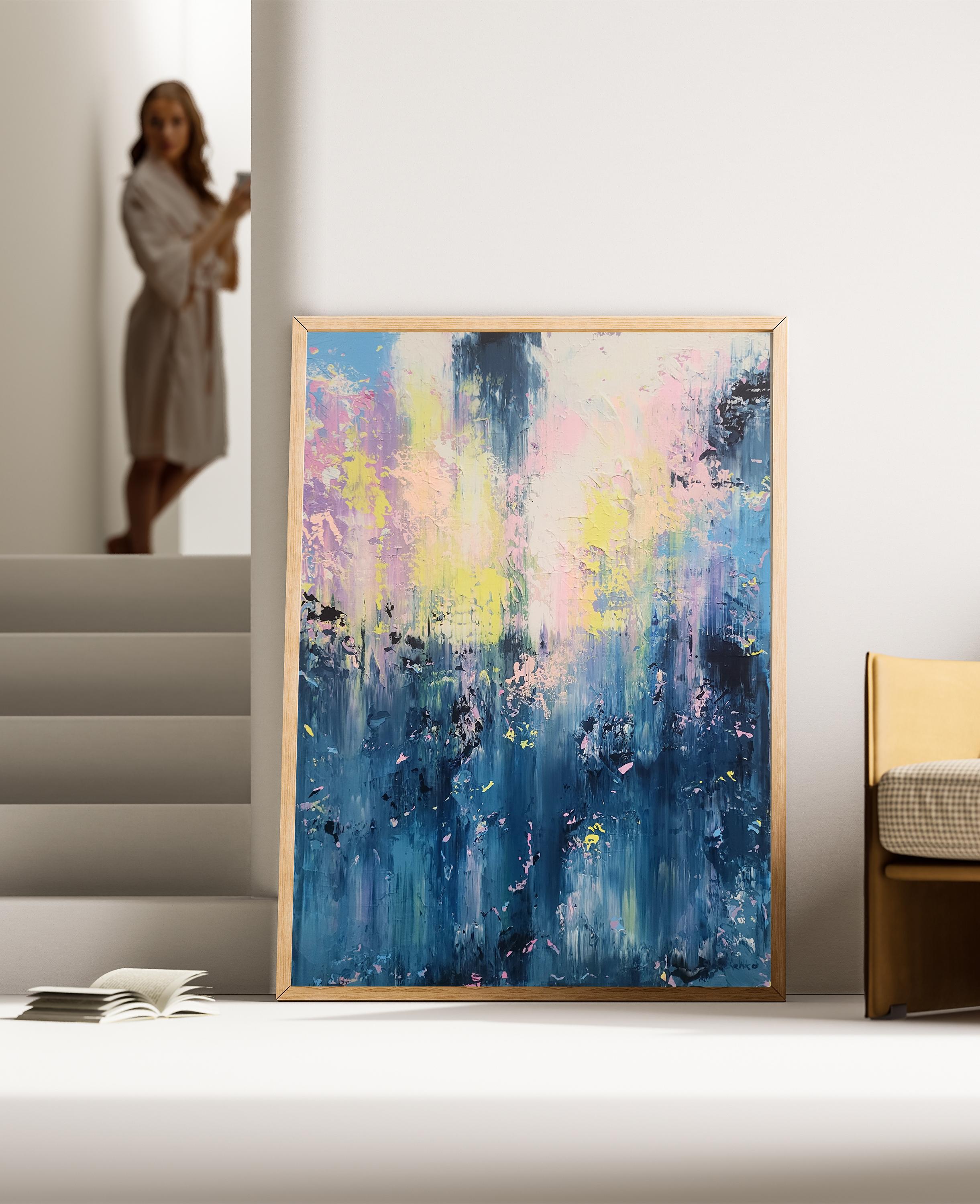 In this piece, I poured raw emotion into every brushstroke, blending soft pastels with moody blues to capture the tension between light and shadow. The texture and color flow evoke a sense of introspection and hope, inviting you to feel the energy