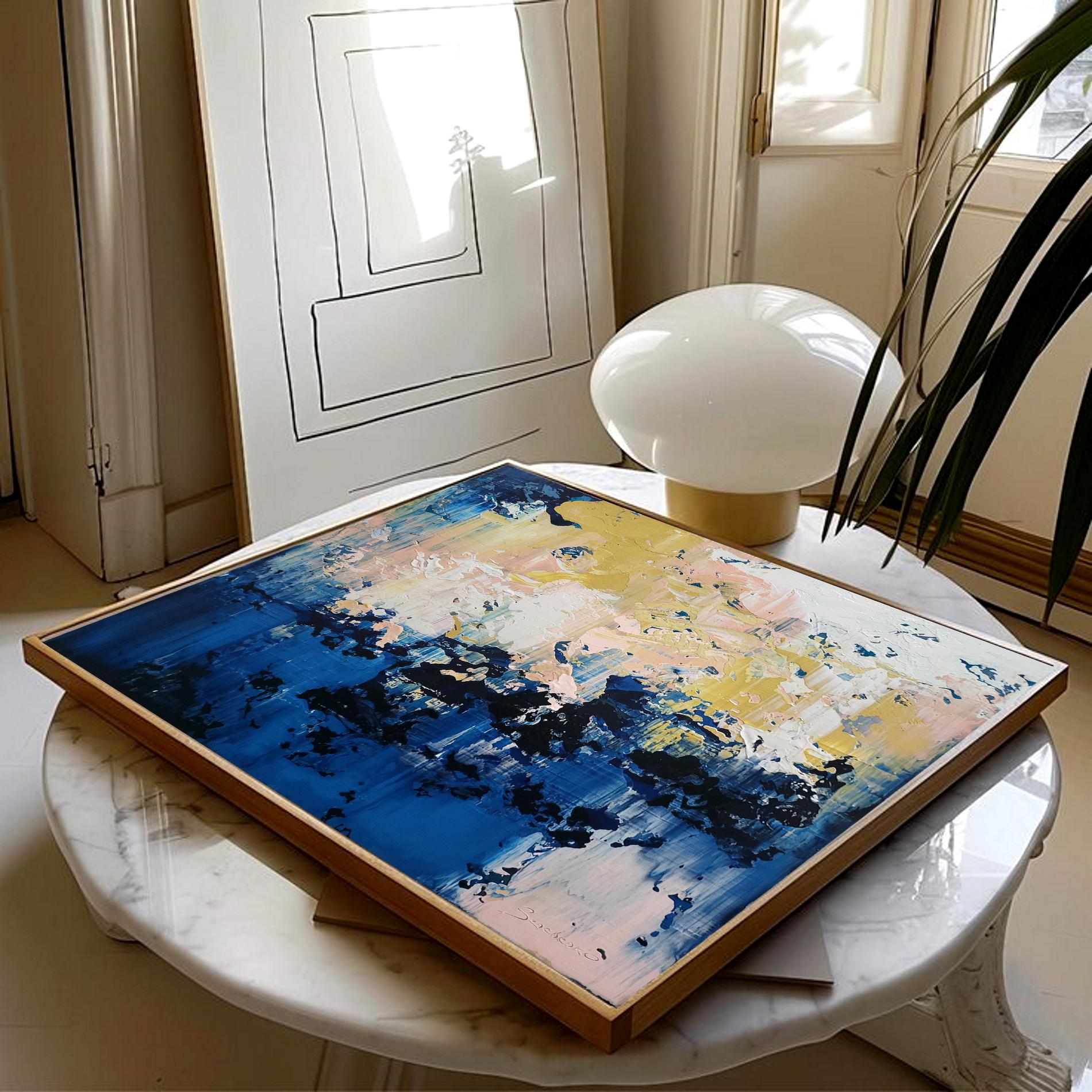 Dans cette œuvre, j'ai exprimé mes émotions par des traits acryliques audacieux, mêlant des bleus profonds à des roses doux et des ors vibrants pour évoquer à la fois le calme et l'intensité. Il capture la danse entre le chaos et l'harmonie, vous
