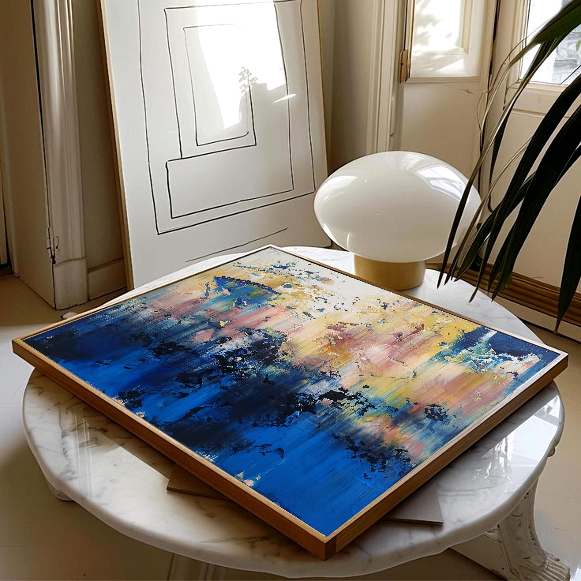 Este cuadro capta un estallido de emoción mediante atrevidos trazos acrílicos y texturas en capas. Vertí mi pasión en mezclar una suave calidez con azules profundos, evocando una tensión dinámica entre la calma y el caos. Es un viaje por paisajes