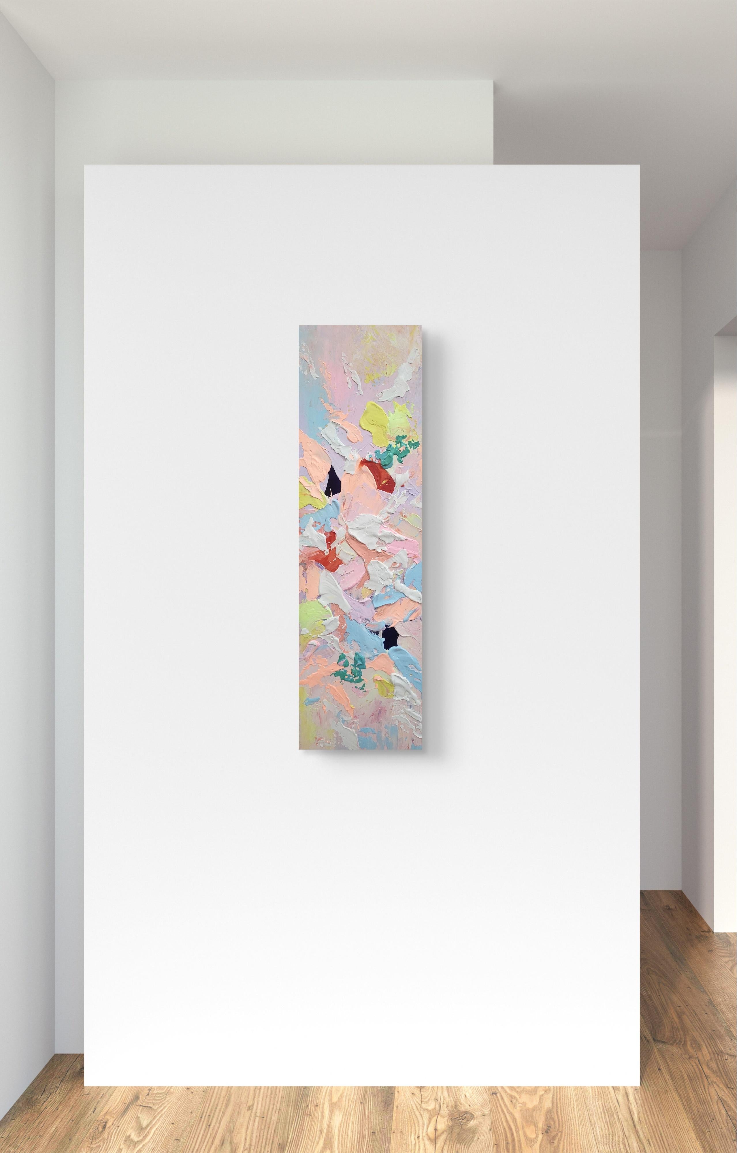 In this piece, I poured my emotions into thick, textured acrylics, letting colors collide and dance freely. It’s a celebration of spontaneity and lightness, capturing moments of joy and vulnerability. The blend of soft pastels and bold strokes