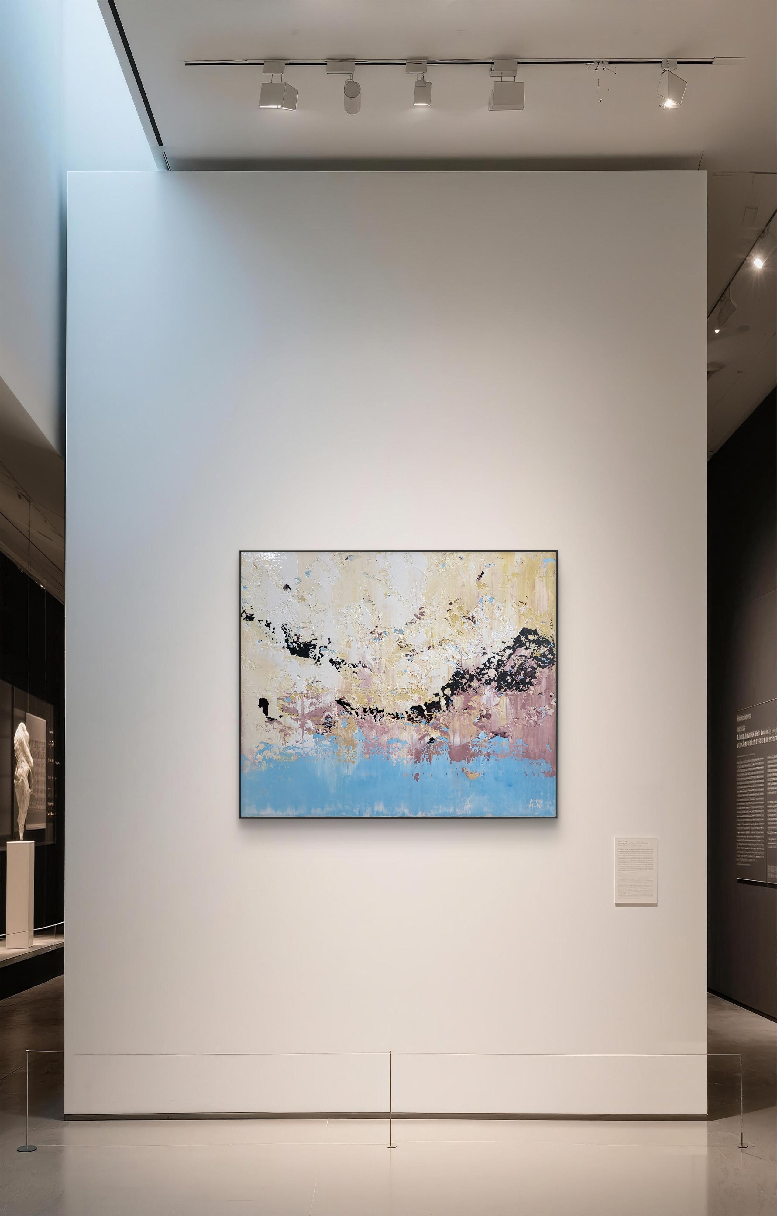 In this piece, I poured my emotions into a dance of textures and soft hues. The creamy creams, gentle pinks, and calming blues blend with unexpected bursts of black to evoke a serene yet dynamic energy. This acrylic painting invites you to find