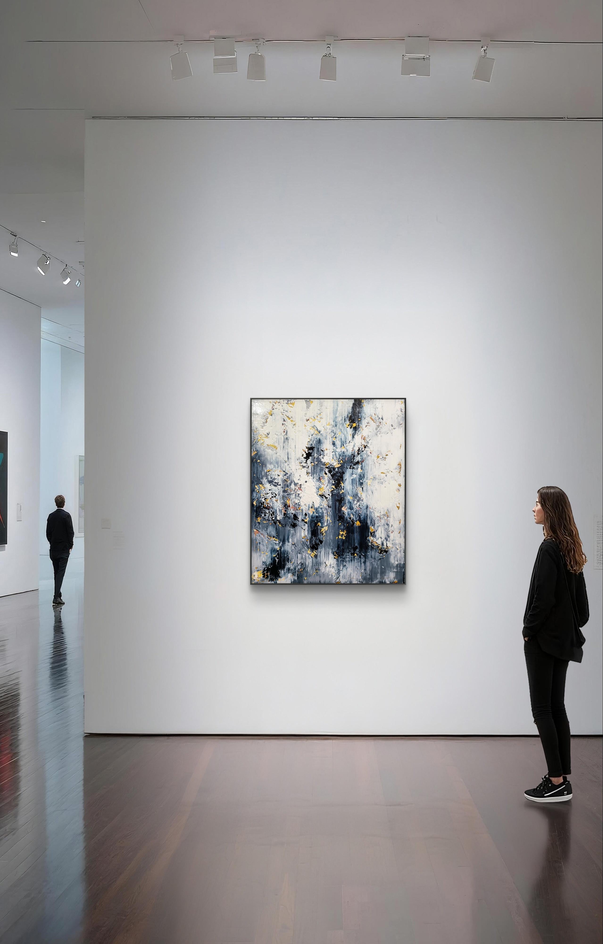 In this piece, I poured raw emotion into swirling layers of black, white, and gold, capturing the tension between chaos and calm. The textured acrylic conveys movement and depth, inviting the viewer to explore the contrast of light and shadow. This