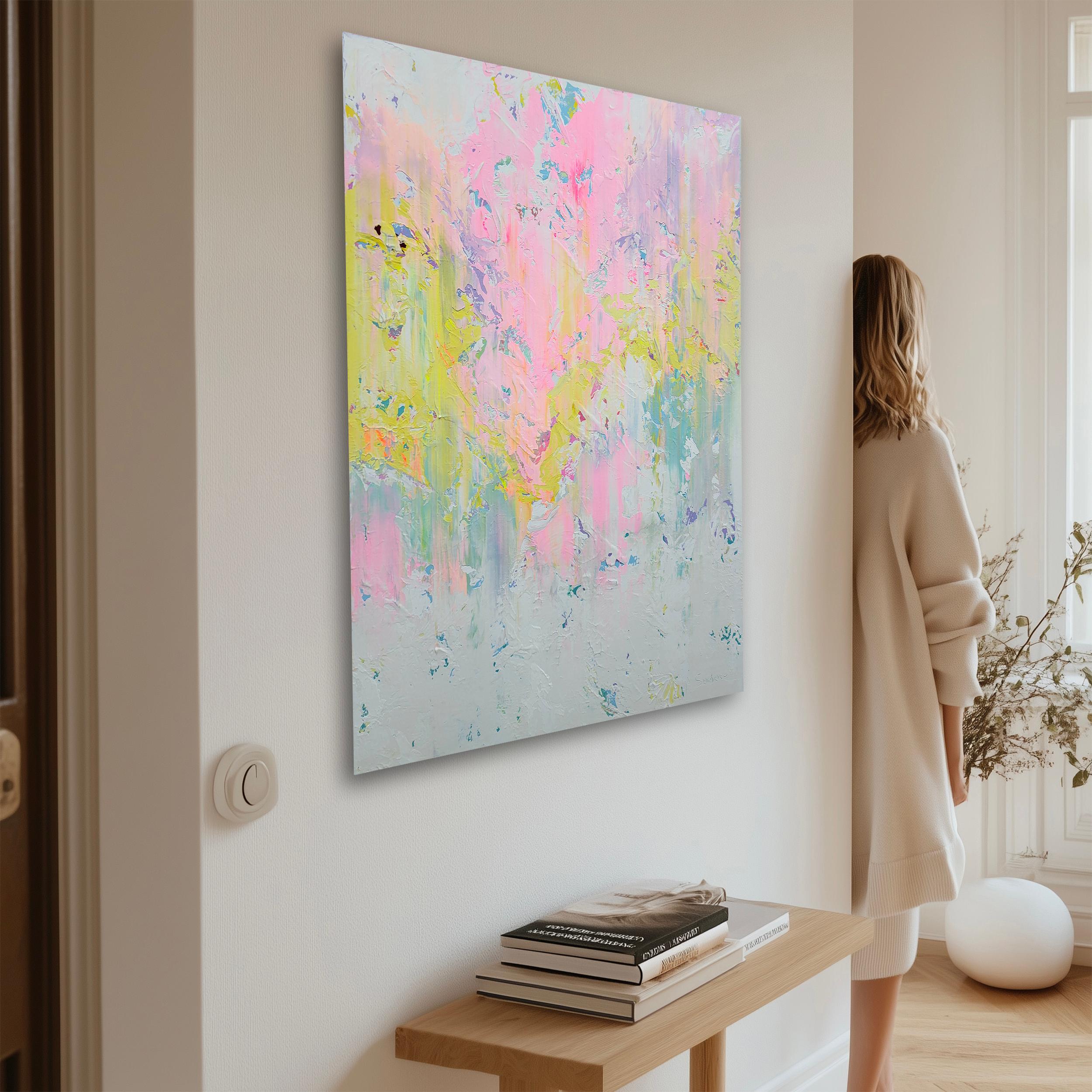 In this piece, I poured vibrant emotion into layers of soft pastels, letting acrylics dance freely across the canvas. The swirling pinks, yellows, and blues express an uplifting energy, like a gentle sunrise awakening the soul. Each brushstroke