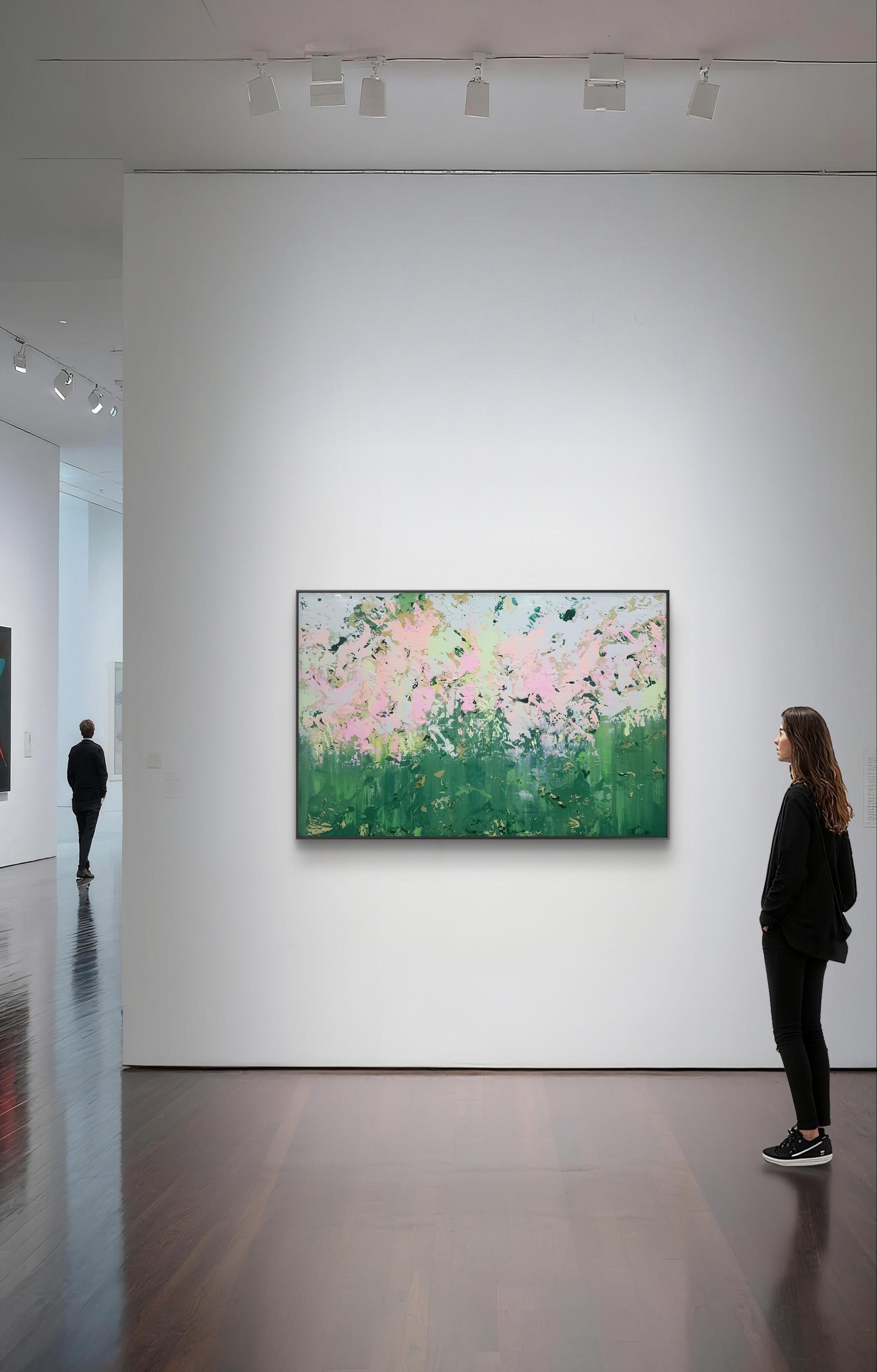 This artwork captivates with its abstract representation of a serene landscape, dominated by green and pink hues. The piece is a vivid explosion of color and texture, invoking the essence of a lush spring garden. The lower half is infused with deep,