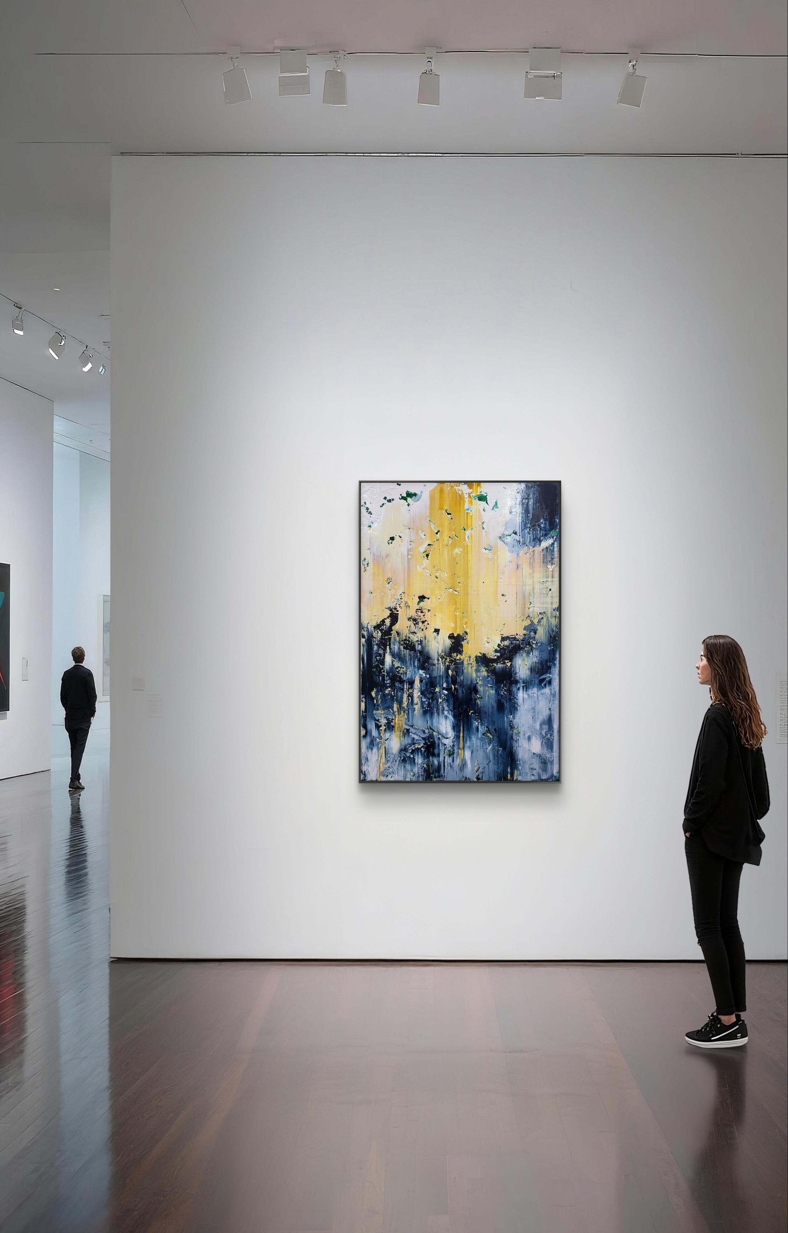 This striking abstract artwork presents a dynamic interplay of colors and textures. Dominated by vertical streaks of deep blue and vibrant yellow, the composition evokes a sense of movement and depth. The artist skillfully employs layering