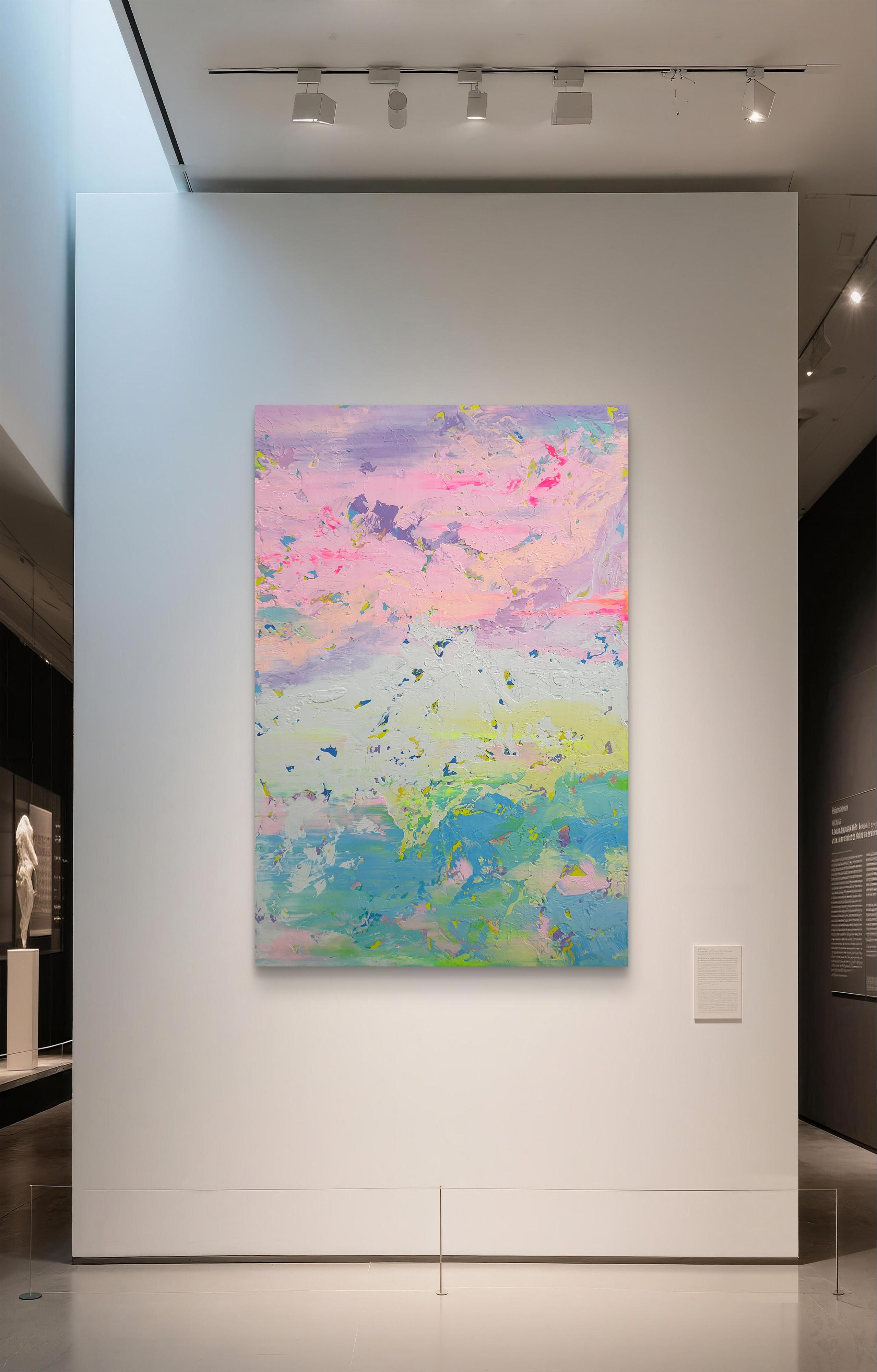 Cette œuvre d'art abstraite enchanteresse séduit par son mélange éthéré de teintes pastel, savamment superposées pour évoquer un sentiment de transcendance sereine. La palette dominante de roses, de violets et de bleus doux est entrecoupée d'éclats