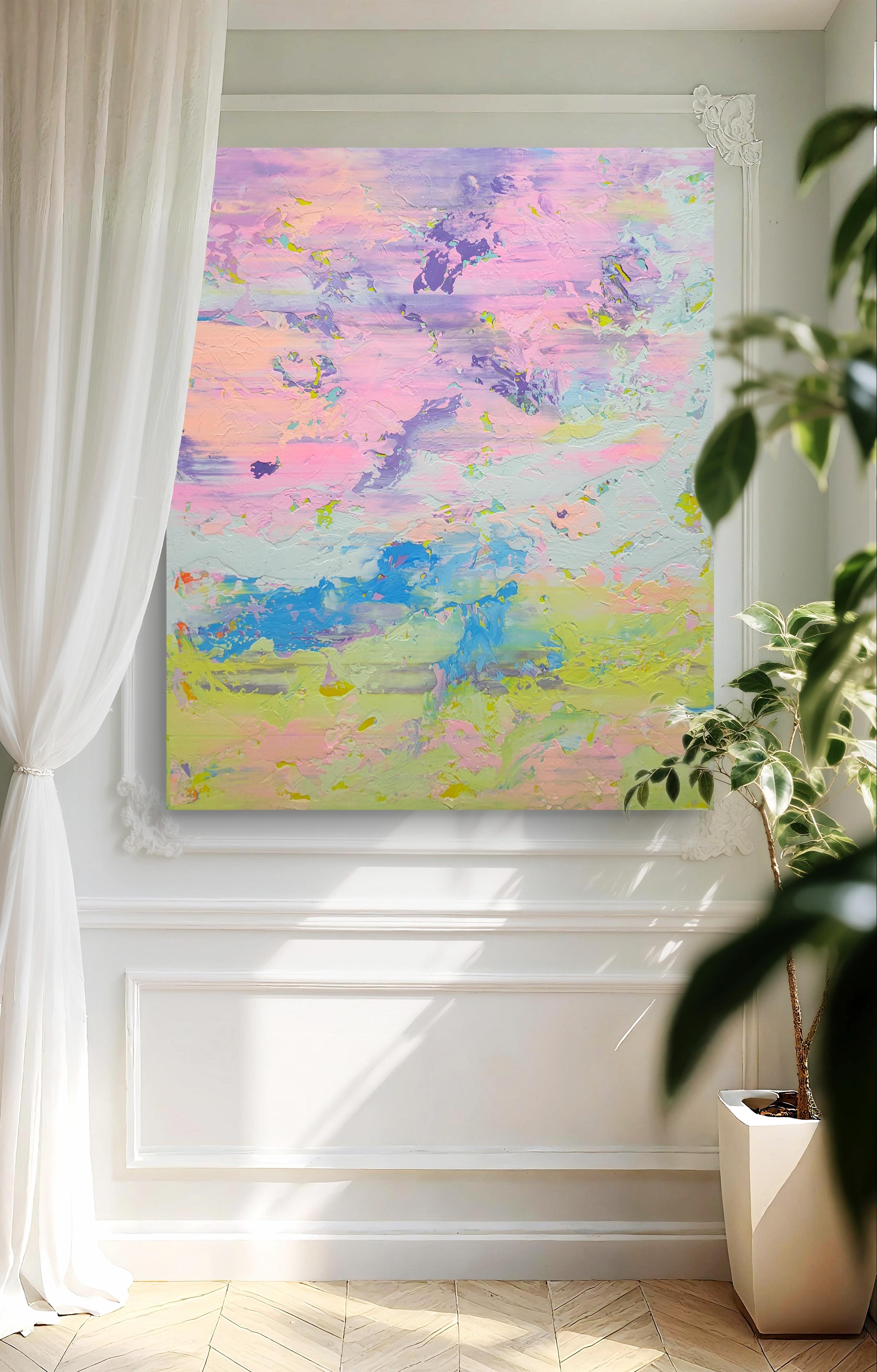 This artwork captures an ethereal landscape through a dynamic interplay of pastel hues. Predominantly featuring soft pinks, purples, and blues, the painting exudes a dream-like quality reminiscent of a serene sky at dawn. Bold brushstrokes and
