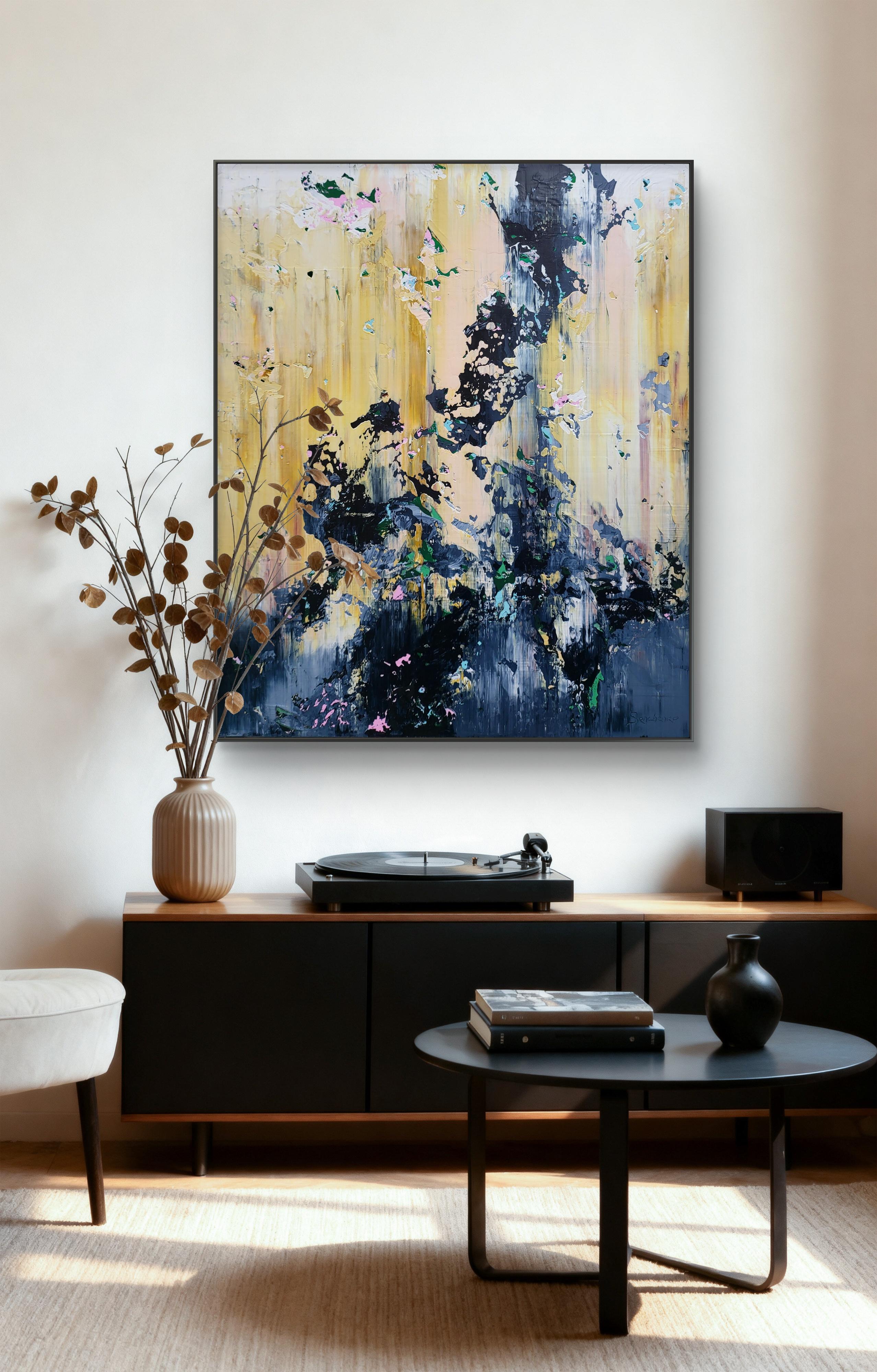 This artwork is a mesmerizing exploration of abstract expressionism, blending dynamic textures with a striking color palette. The background features warm, golden hues that transition into cooler, darker shades, creating a sense of depth and