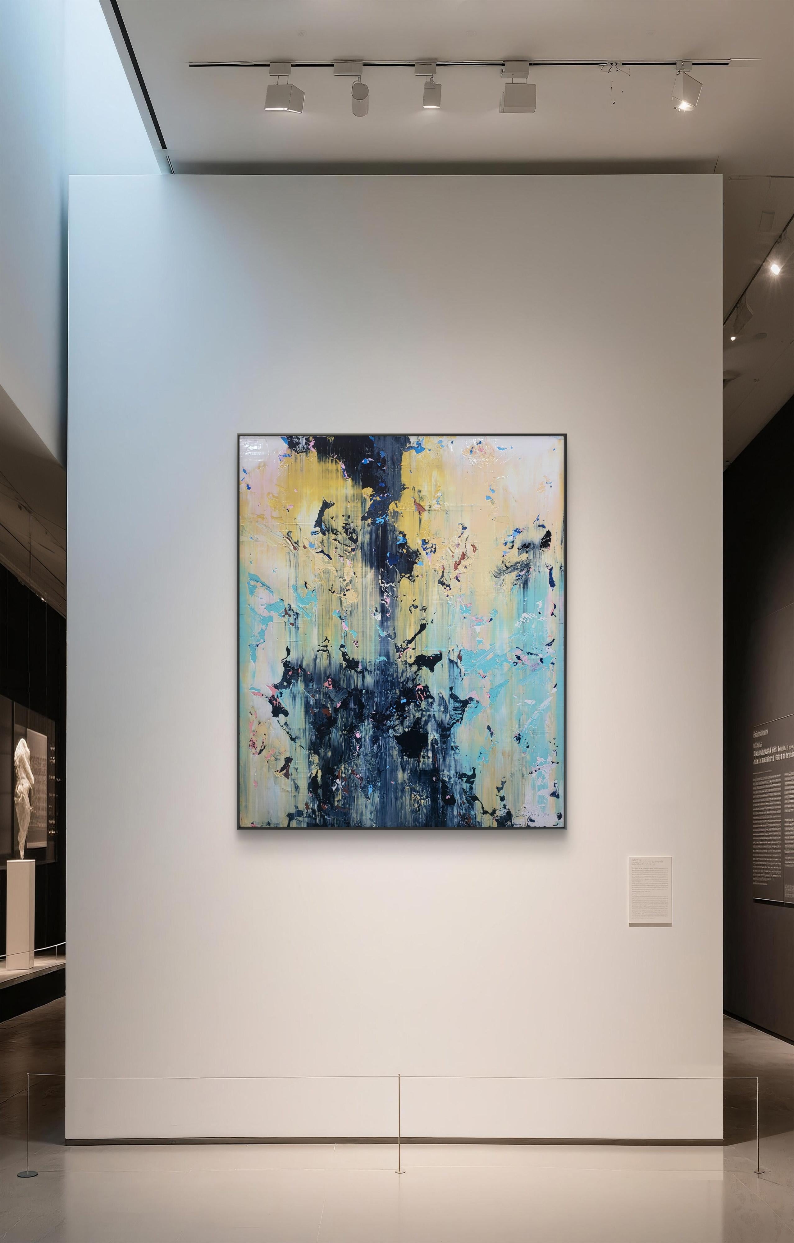 Dieses auffällige abstrakte Gemälde zeichnet sich durch ein dynamisches Zusammenspiel von Farben und Texturen aus und zieht durch seine vertikale Ausrichtung die Aufmerksamkeit auf sich. Kräftige schwarze Streifen laufen kaskadenartig in der Mitte