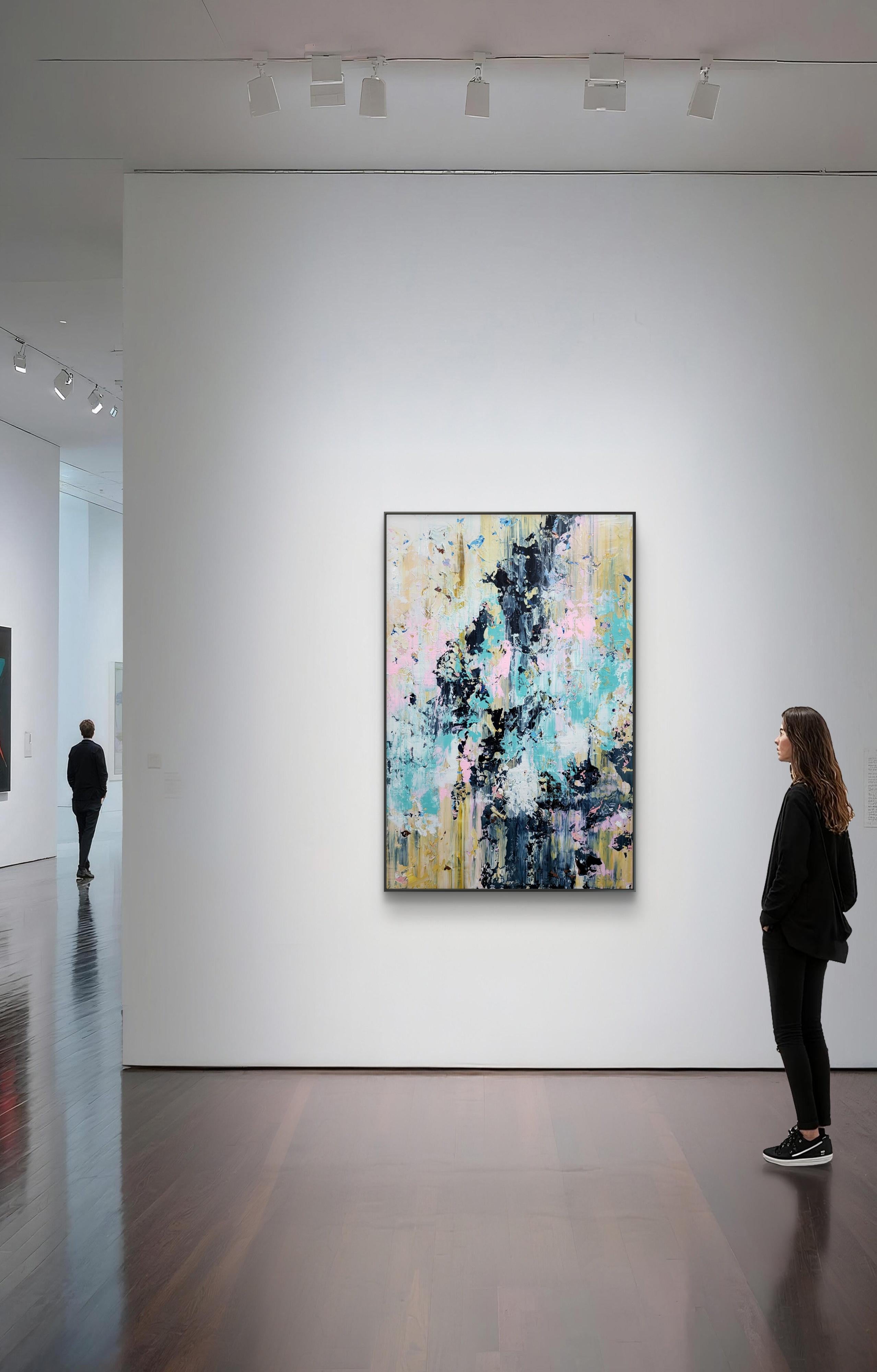 This abstract artwork is a symphony of color and texture, with a dynamic interplay between soft pastels and bold, dark strokes. The canvas is alive with light blues, pinks, and yellows, juxtaposed against deep blacks and grays, creating a striking