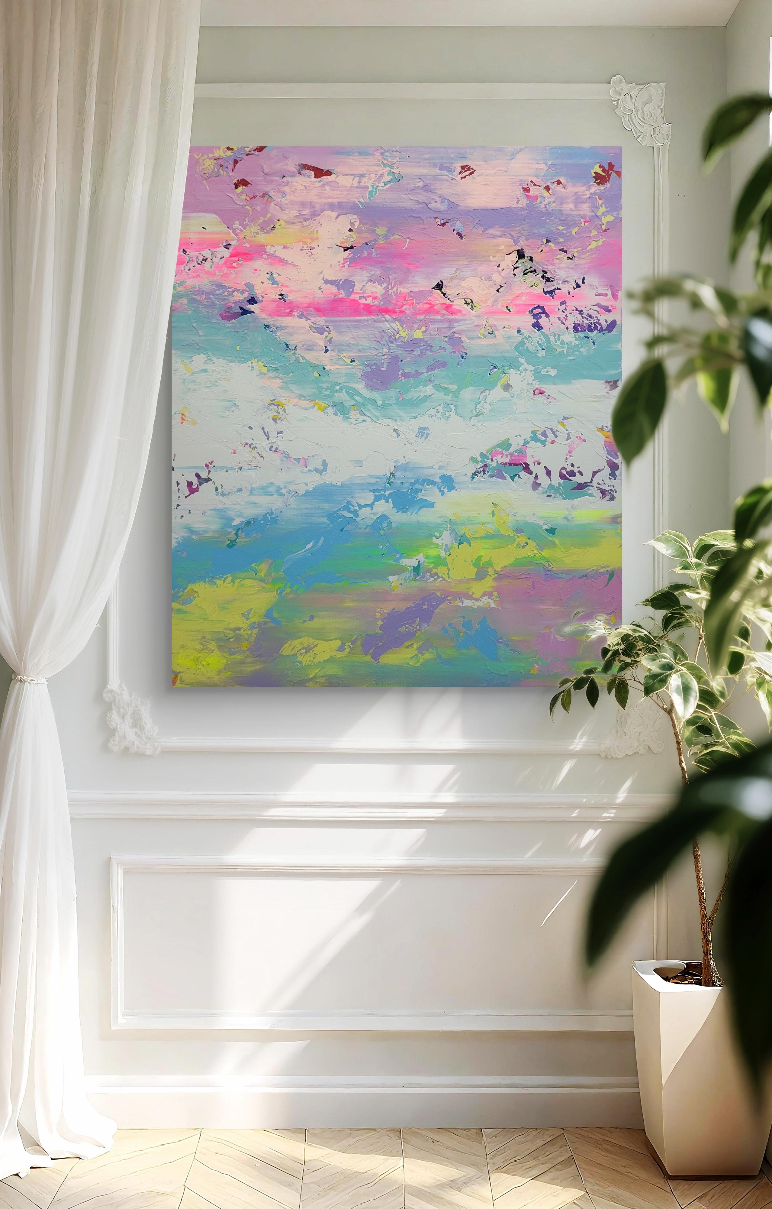 This artwork is a vibrant abstract painting that captivates with its dynamic blend of colors and textures. Broad, expressive brushstrokes sweep across the canvas, weaving together pastel hues of pink, blue, and green. These colors merge and