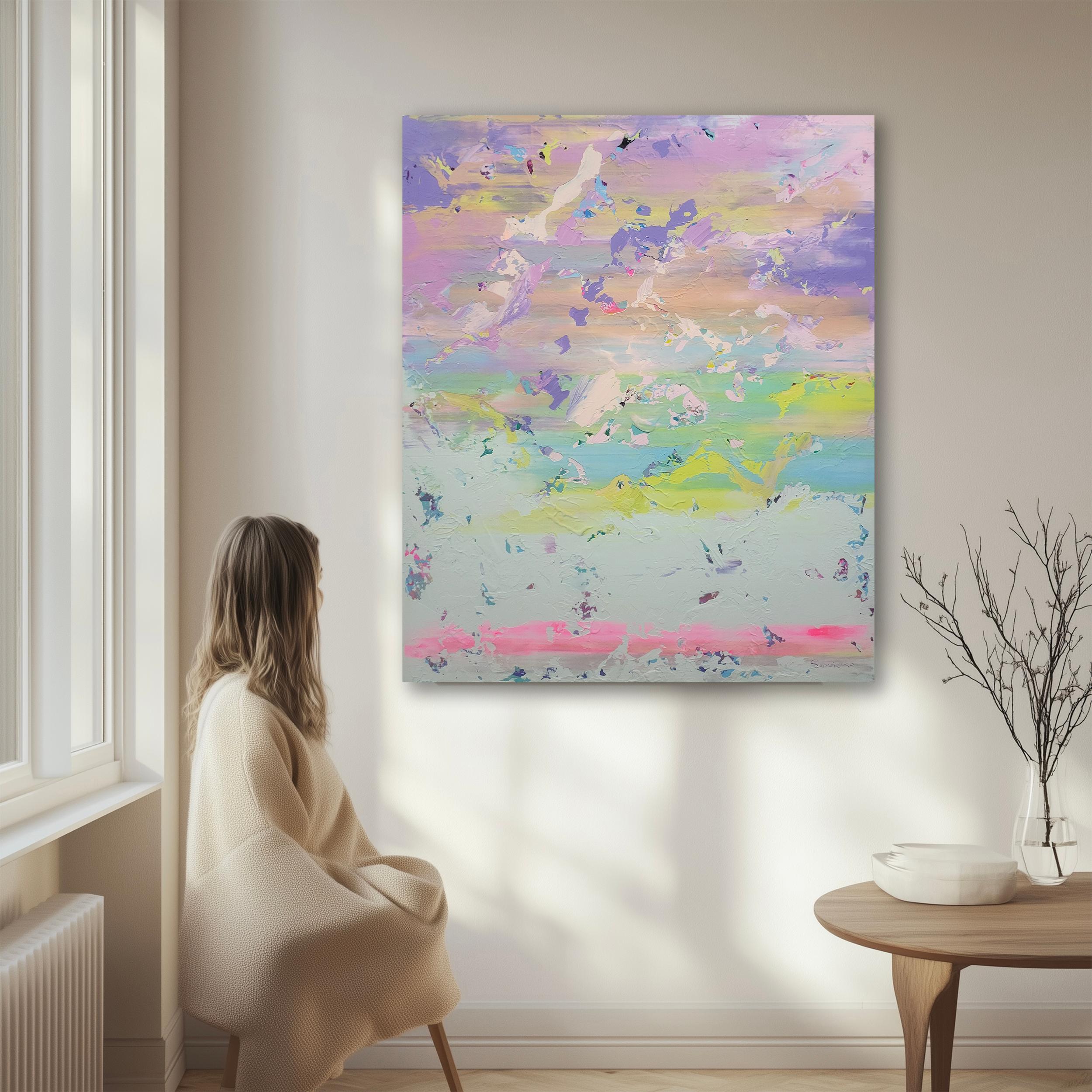 This artwork commands attention through its ethereal blend of pastel shades, expertly merging hues of lavender, baby blue, mint green, and soft pink. The composition radiates an abstract quality, characterized by sweeping brushstrokes that evoke a