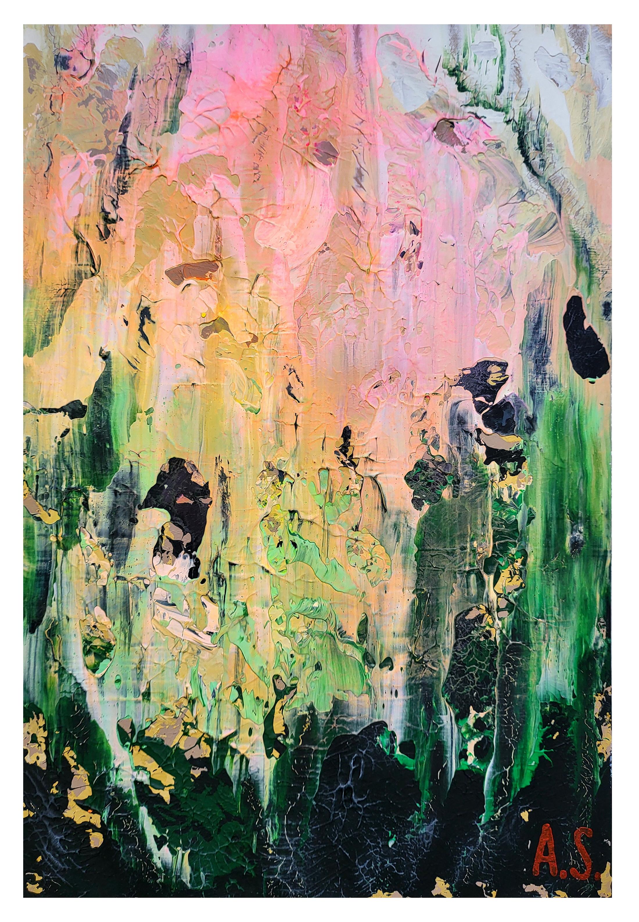 Résumé 2635 - Peinture abstraite verte aux couleurs vives, réalisée en impasto