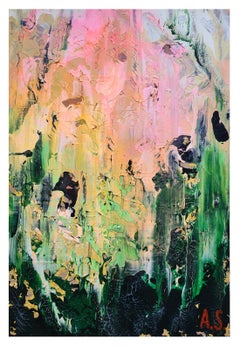 Abstract 2635 - Dipinto astratto verde a impasto dai colori vivaci