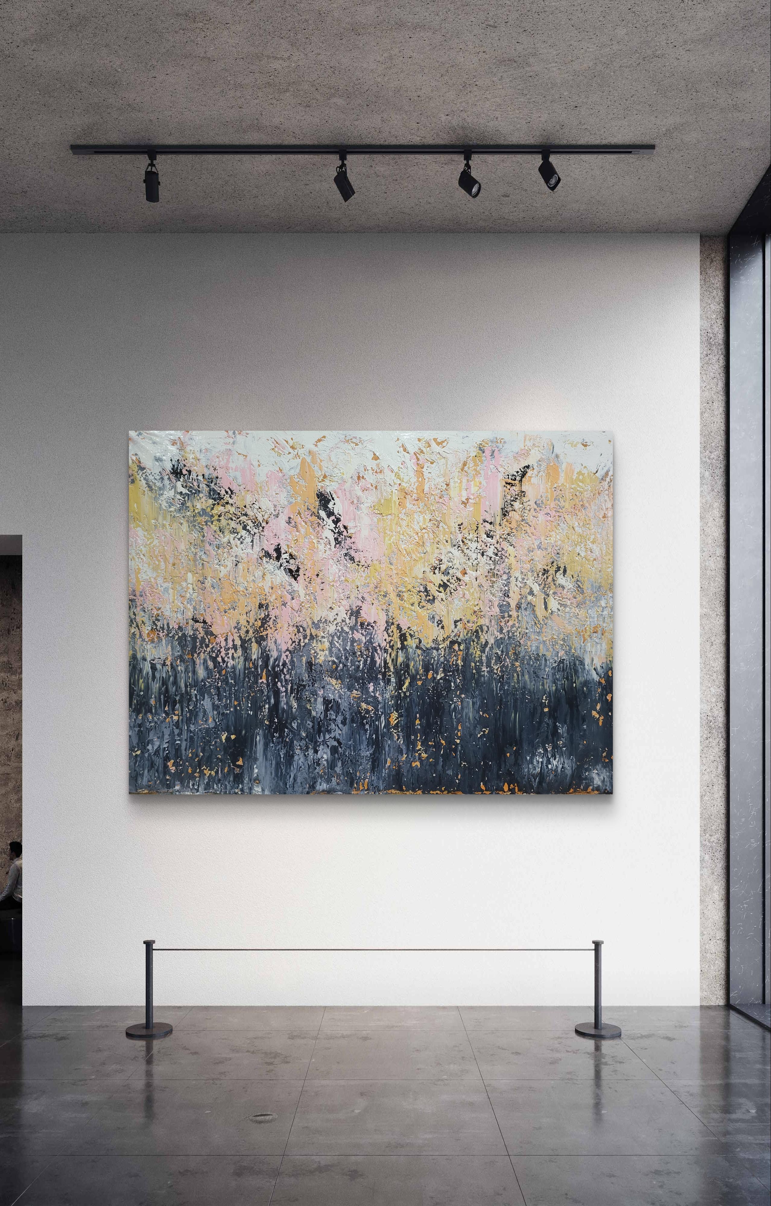 Nel creare quest'opera, ho scatenato un torrente di emozioni, utilizzando l'acrilico per fondere il caos con la tranquillità. I vivaci sprazzi di rosa e oro contro i cupi blu e grigi evocano il senso di una tempesta che si schiarisce all'alba.