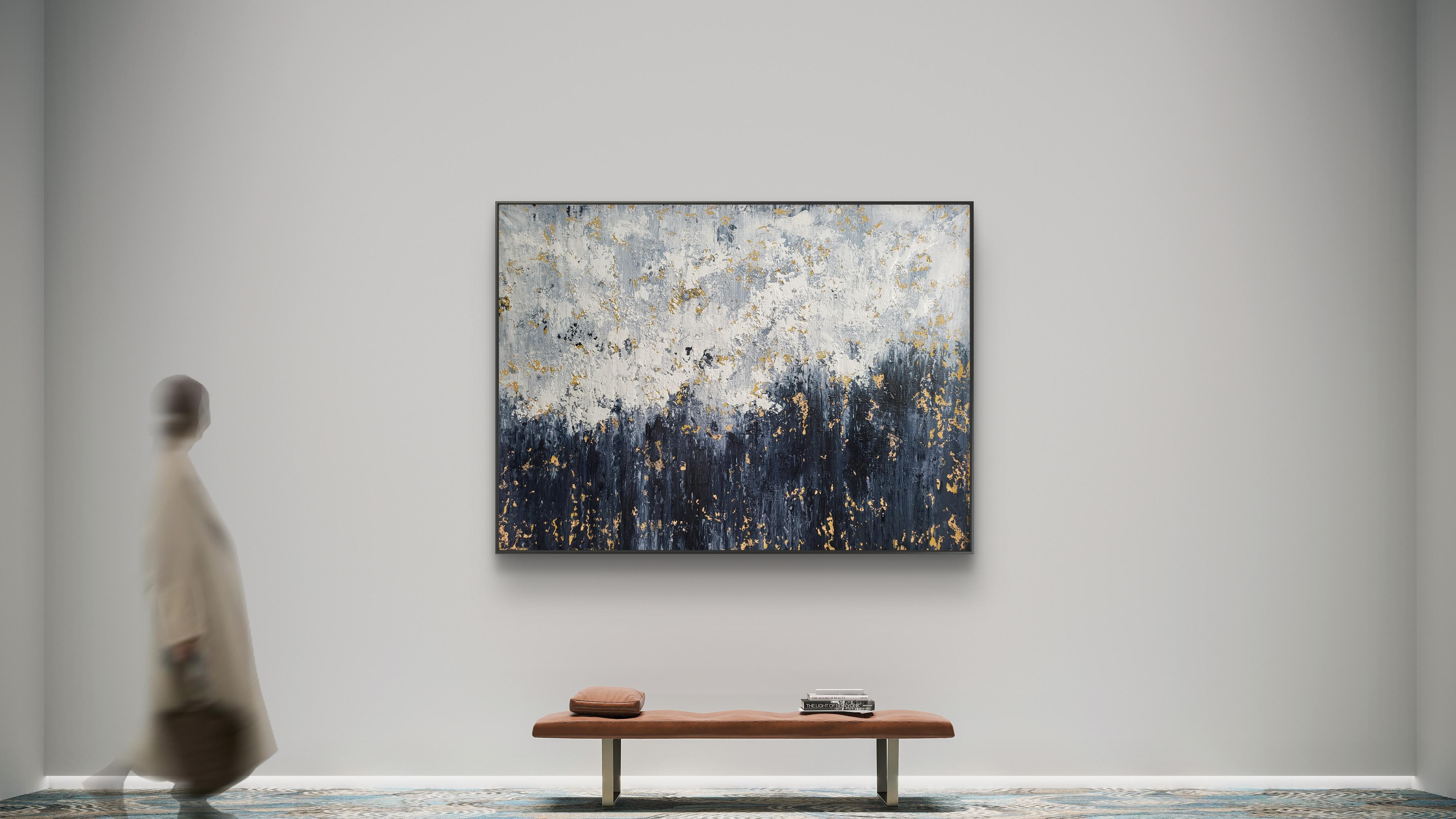 In this creation, my brush danced across the canvas, where dark and light clash yet coexist, a realm of textured contrasts. Acrylic layers depict the continual struggle between depth and ascension. Golden flecks, evoking moments of clarity, break