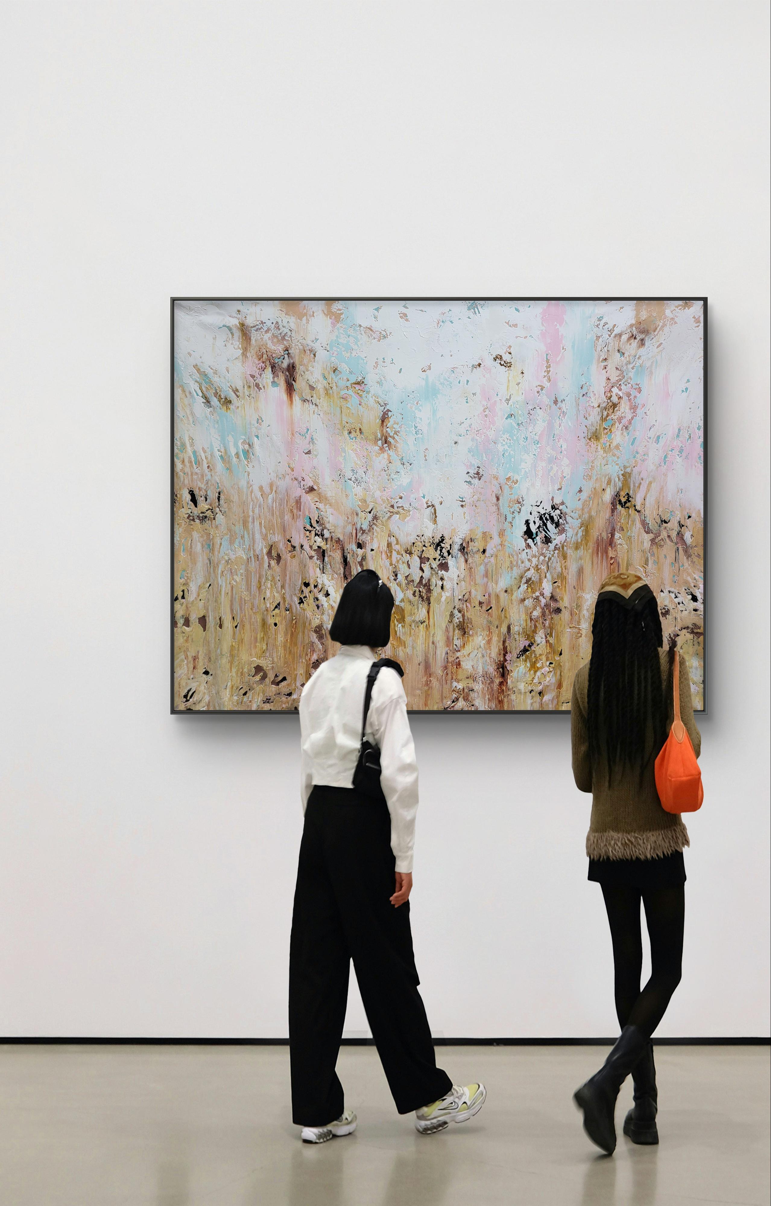 In this painting, I've embraced the wild spirit of abstraction and expressionism, letting emotions flow freely across the canvas. The muted earth tones blending into bursts of sky blue and sunset pink symbolize the continuity between earthly