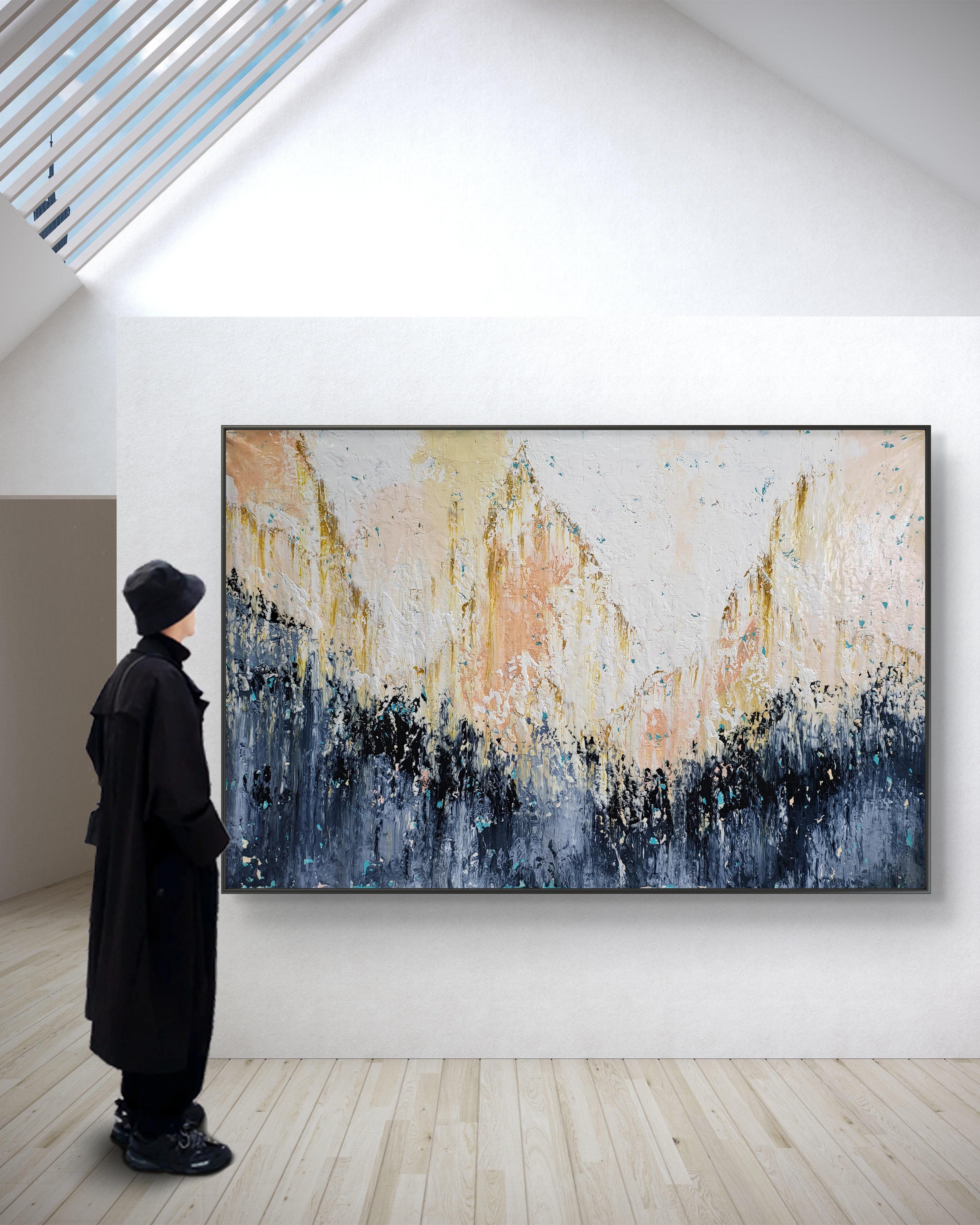 In this piece, I used bold acrylic strokes to create a dynamically charged landscape, where the eruption of whites and golds against the calm dark sea reflects life's contrasting moments. This painting embodies the spirit of resilience and hope—it's
