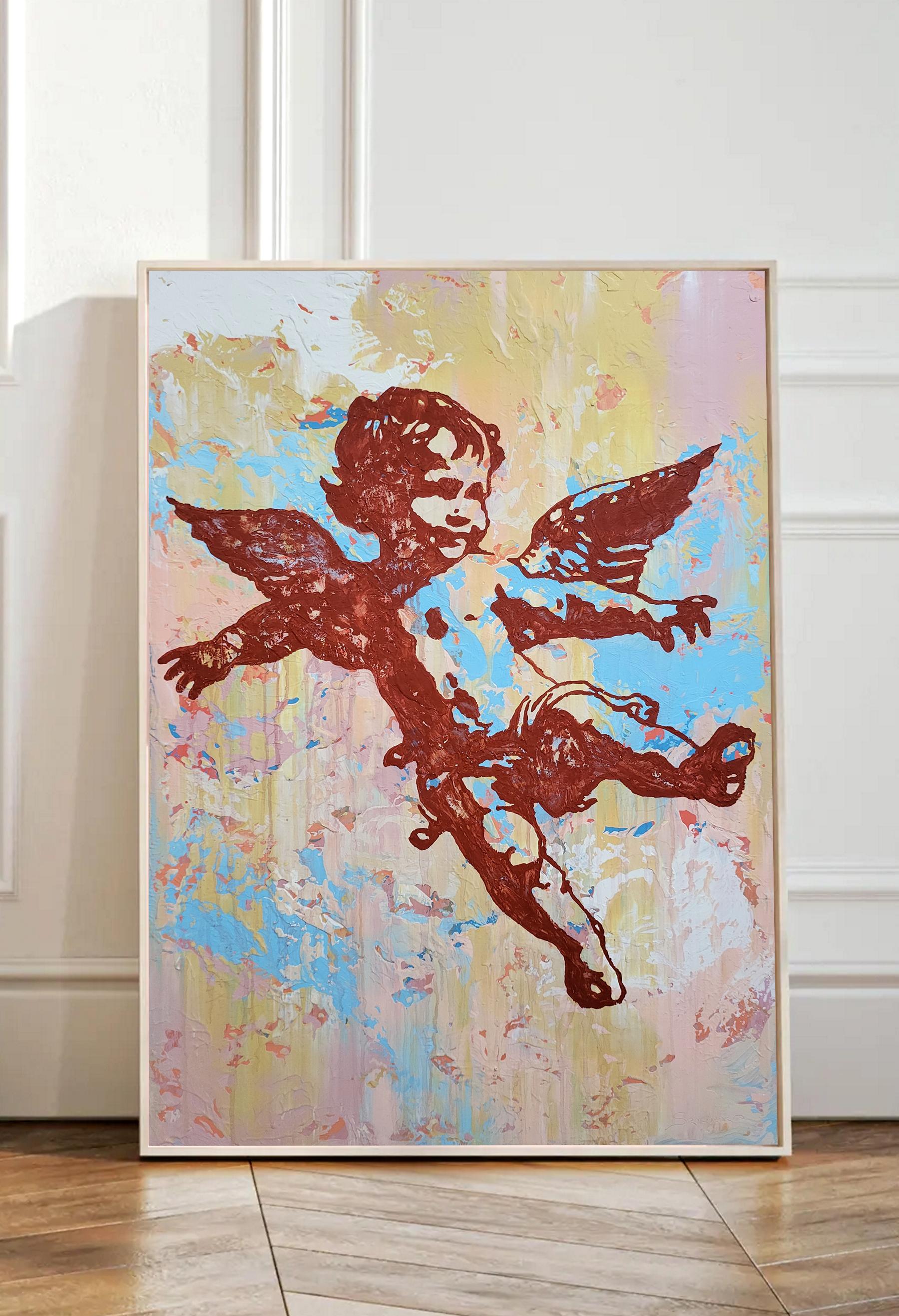 En esta pieza, puse todo mi corazón en mezclar la inocencia juguetona con la energía vibrante. Utilizando acrílicos, creé una figura querúbica que parece flotar alegremente a través de un fondo de ensueño y textura. Es una celebración de ligereza y