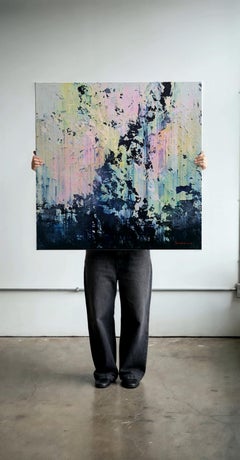 Fragmentos de Luz - Pintura Abstracta Impasto Grande, Lienzo Textura Azul Rosa