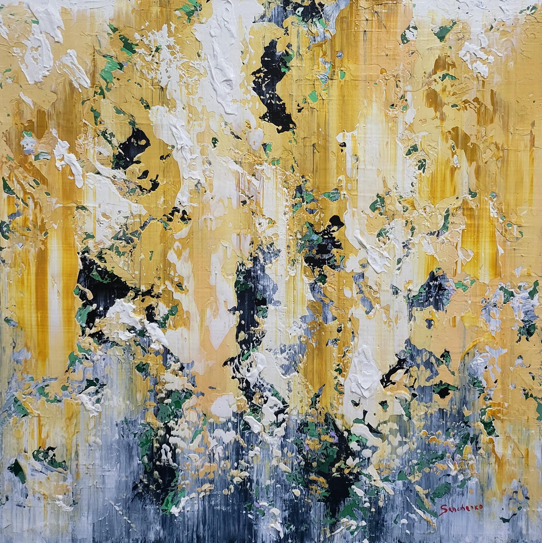 Alex Senchenko Interior Painting - Golden Echo - Acrylic Painting, Abstract Art, 100x100cm, Signed
