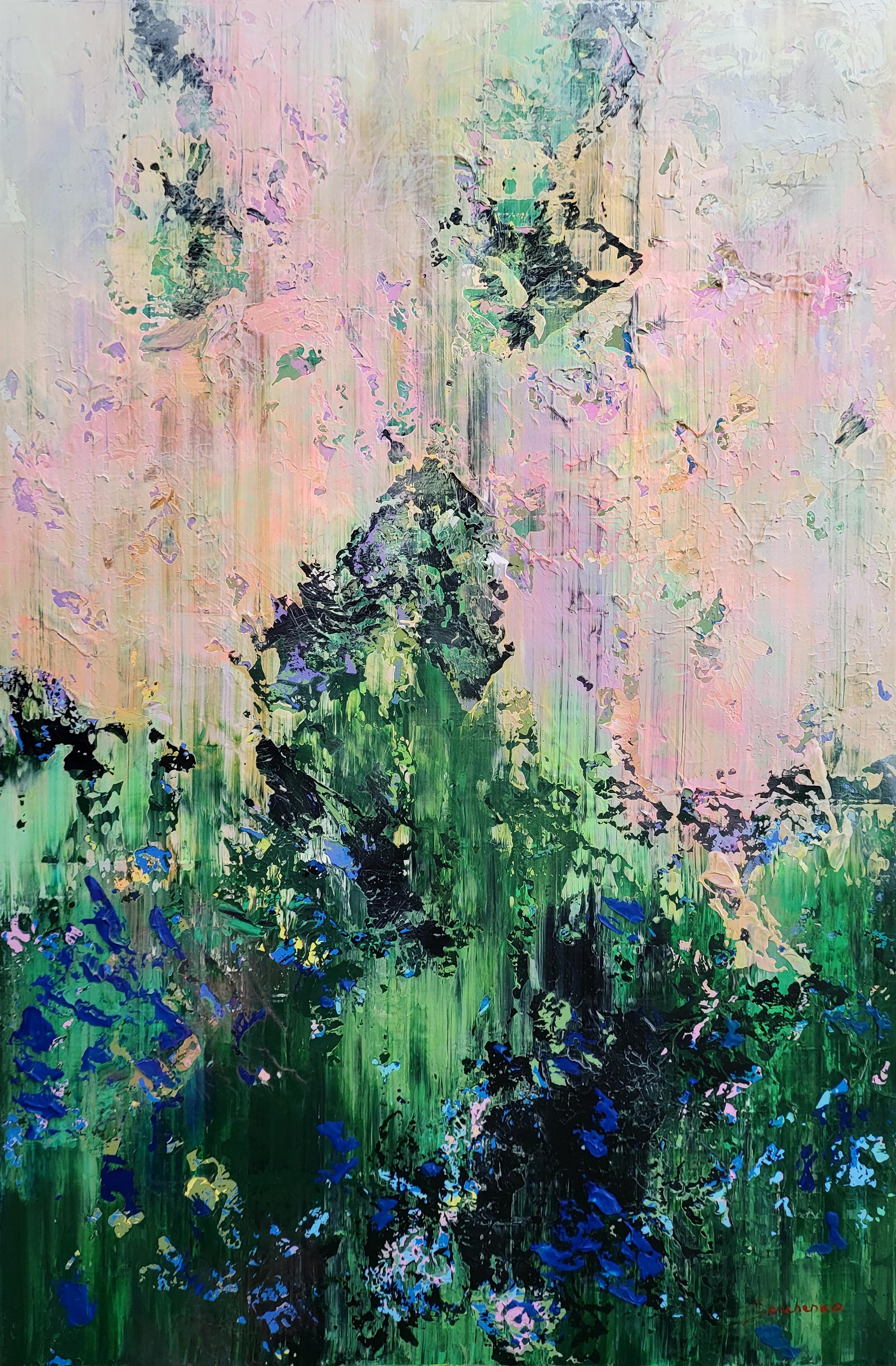 Moss and Mist : Green Impasto Colorful Abstract Painting - 150x100cm.